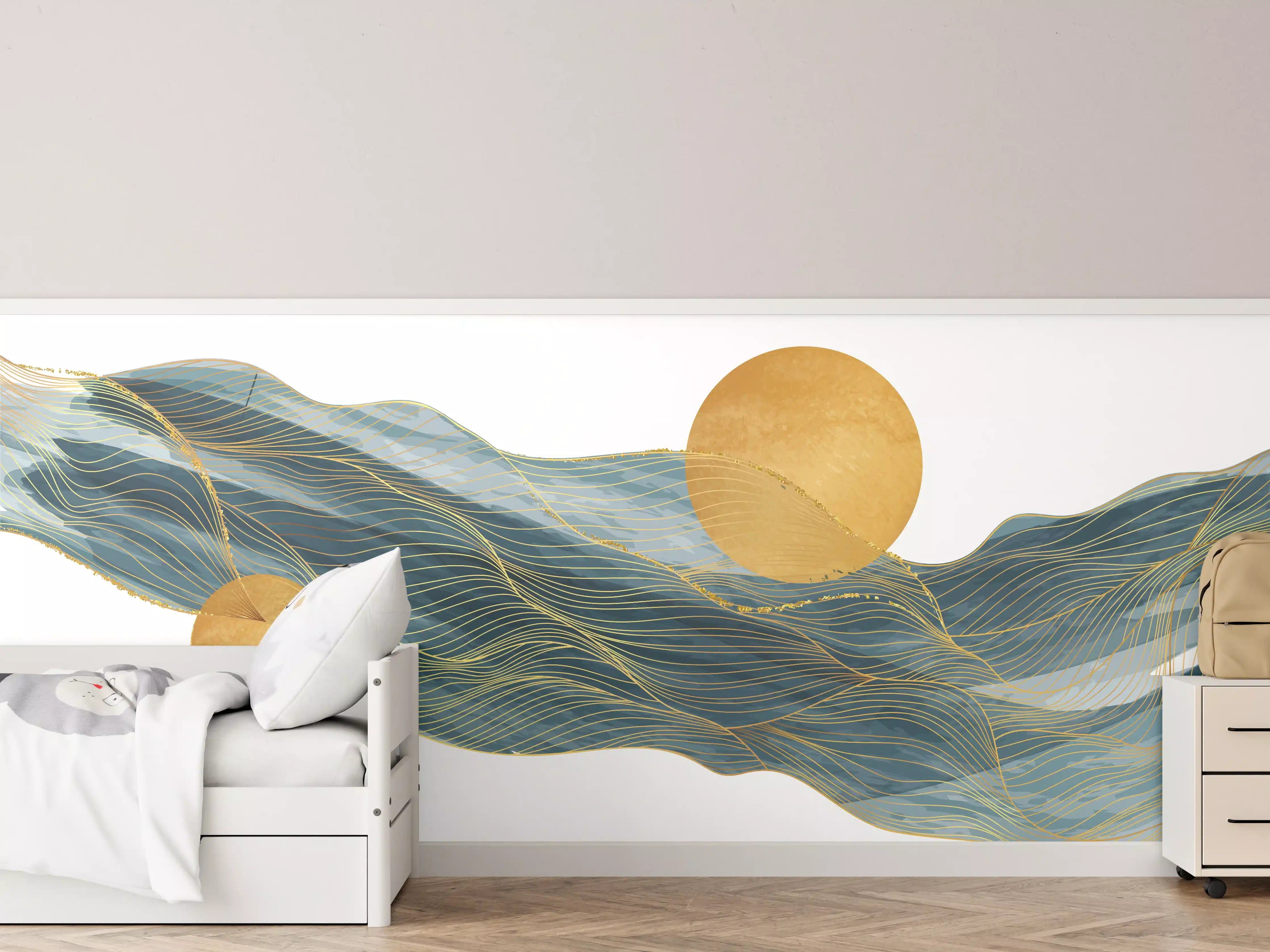 Kinderzimmer Wandgestaltung - Abstrakte Wellen Goldakzente