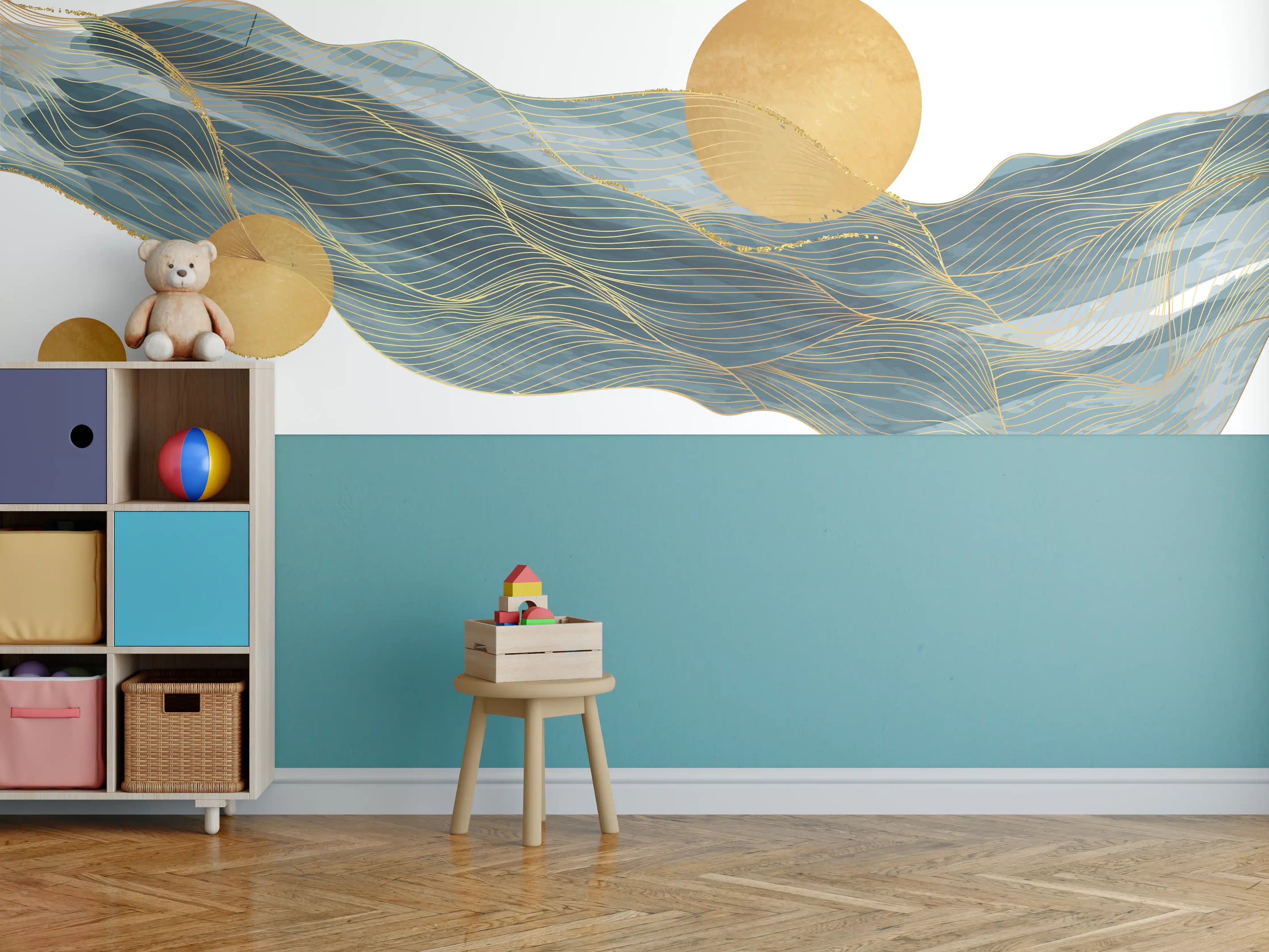 Kinderzimmer Wandgestaltung - Abstrakte Wellen Goldakzente