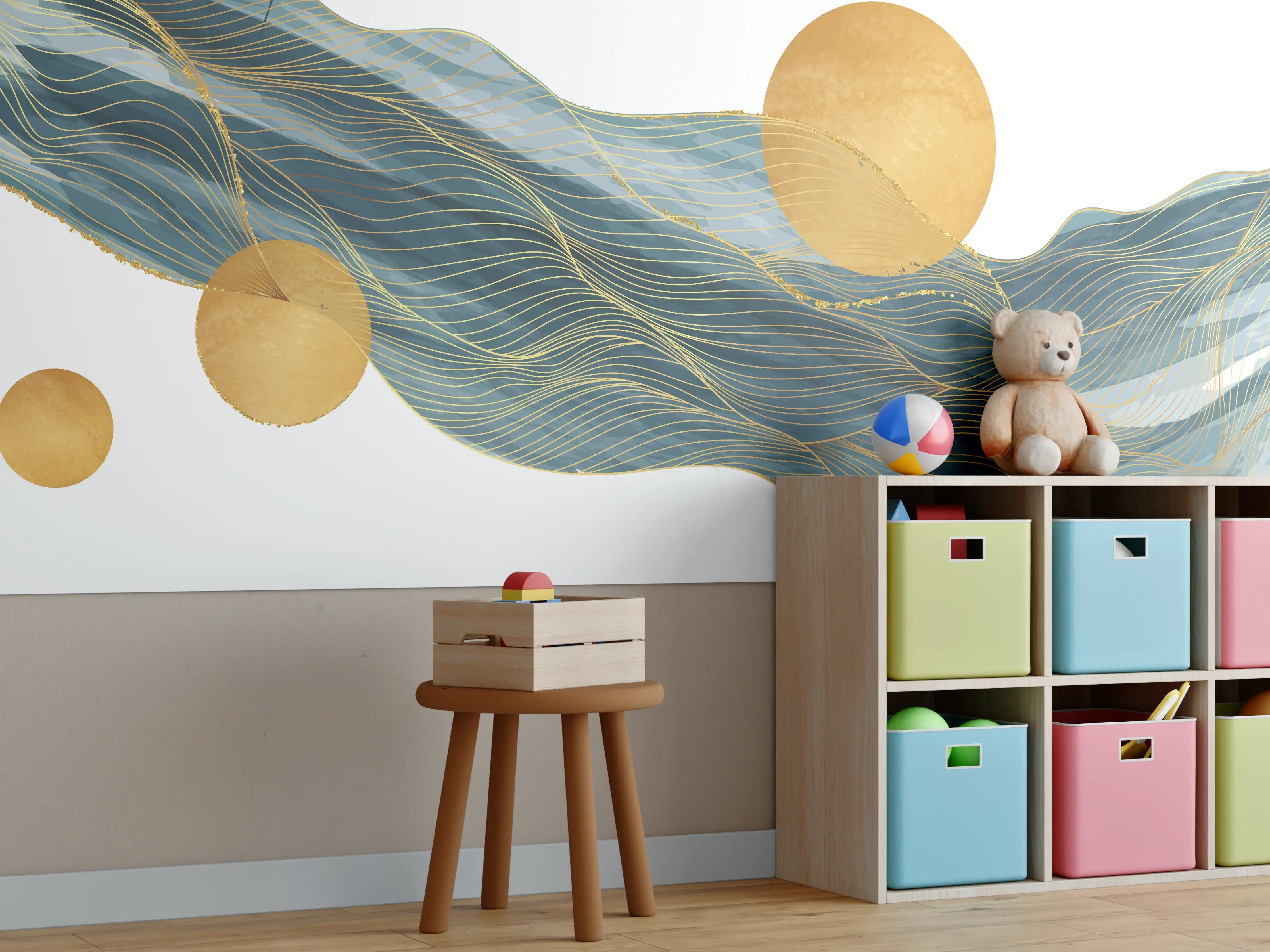 Kinderzimmer Wandgestaltung - Abstrakte Wellen Goldakzente
