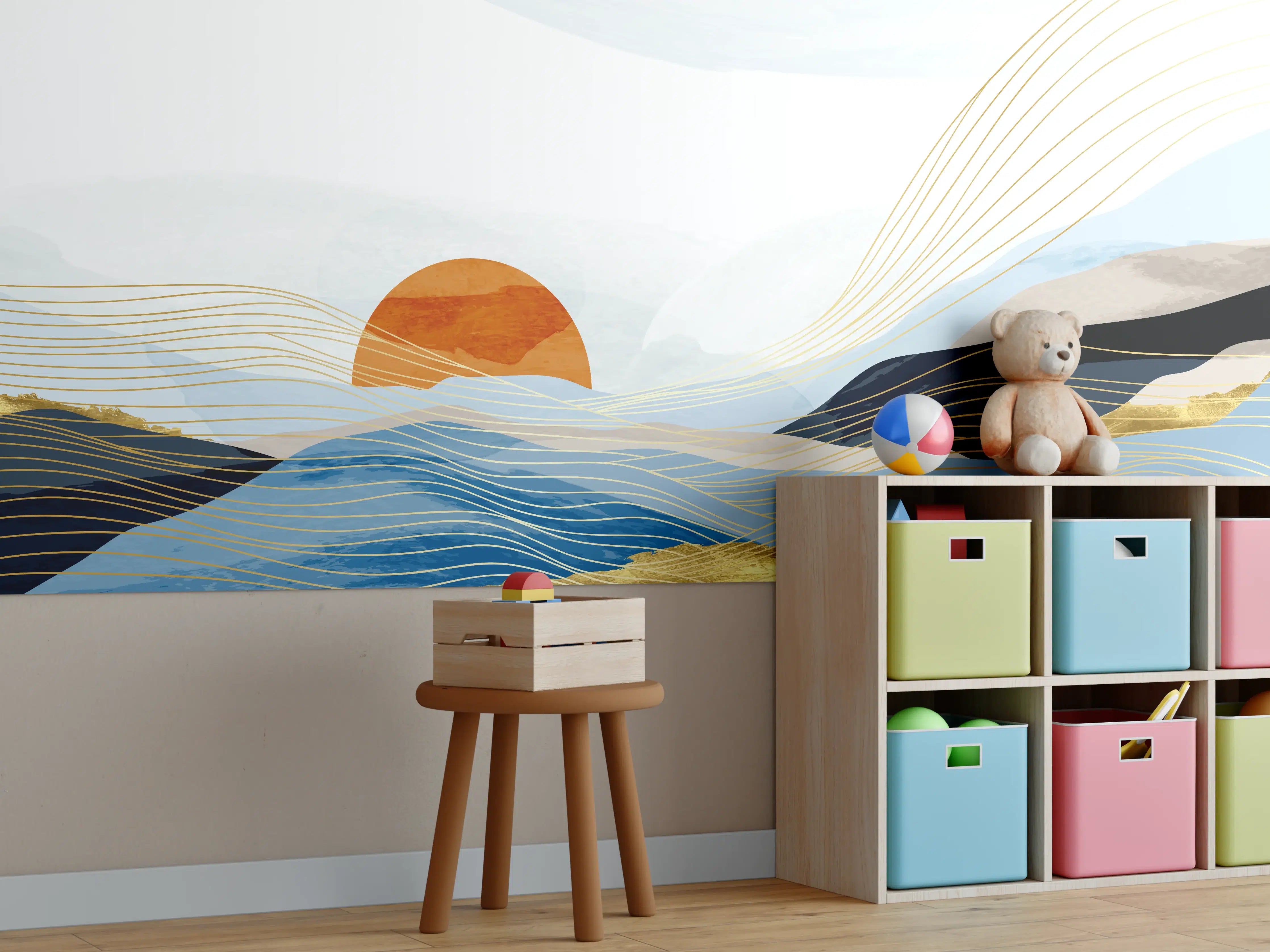 Kinderzimmer Wandgestaltung - Abstrakte Wellen Kunst Sonnenaufgang