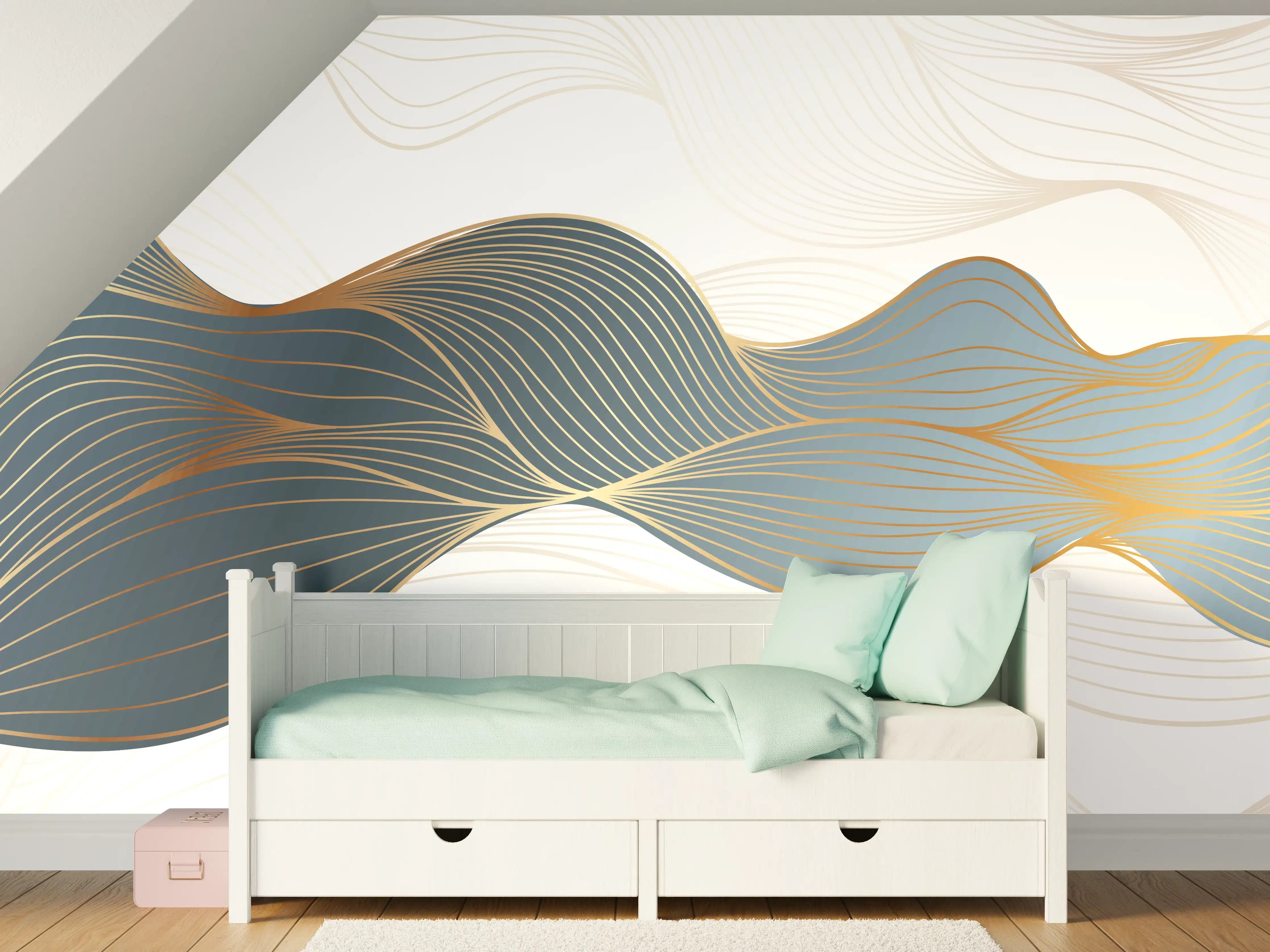 Kinderzimmer Wandgestaltung - Abstrakte Wellenlinien Gold Blau