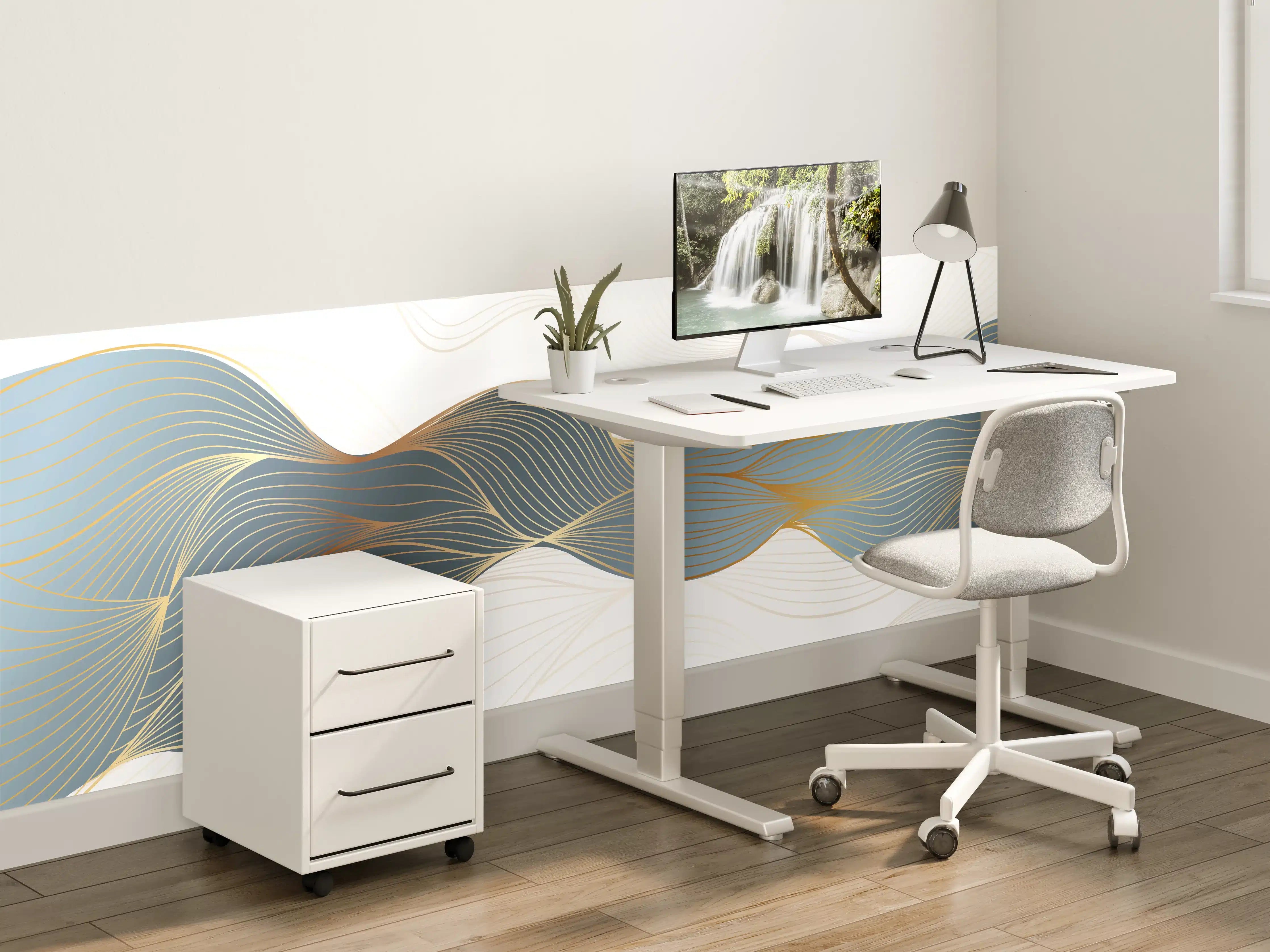 Kinderzimmer Wandgestaltung - Abstrakte Wellenlinien Gold Blau