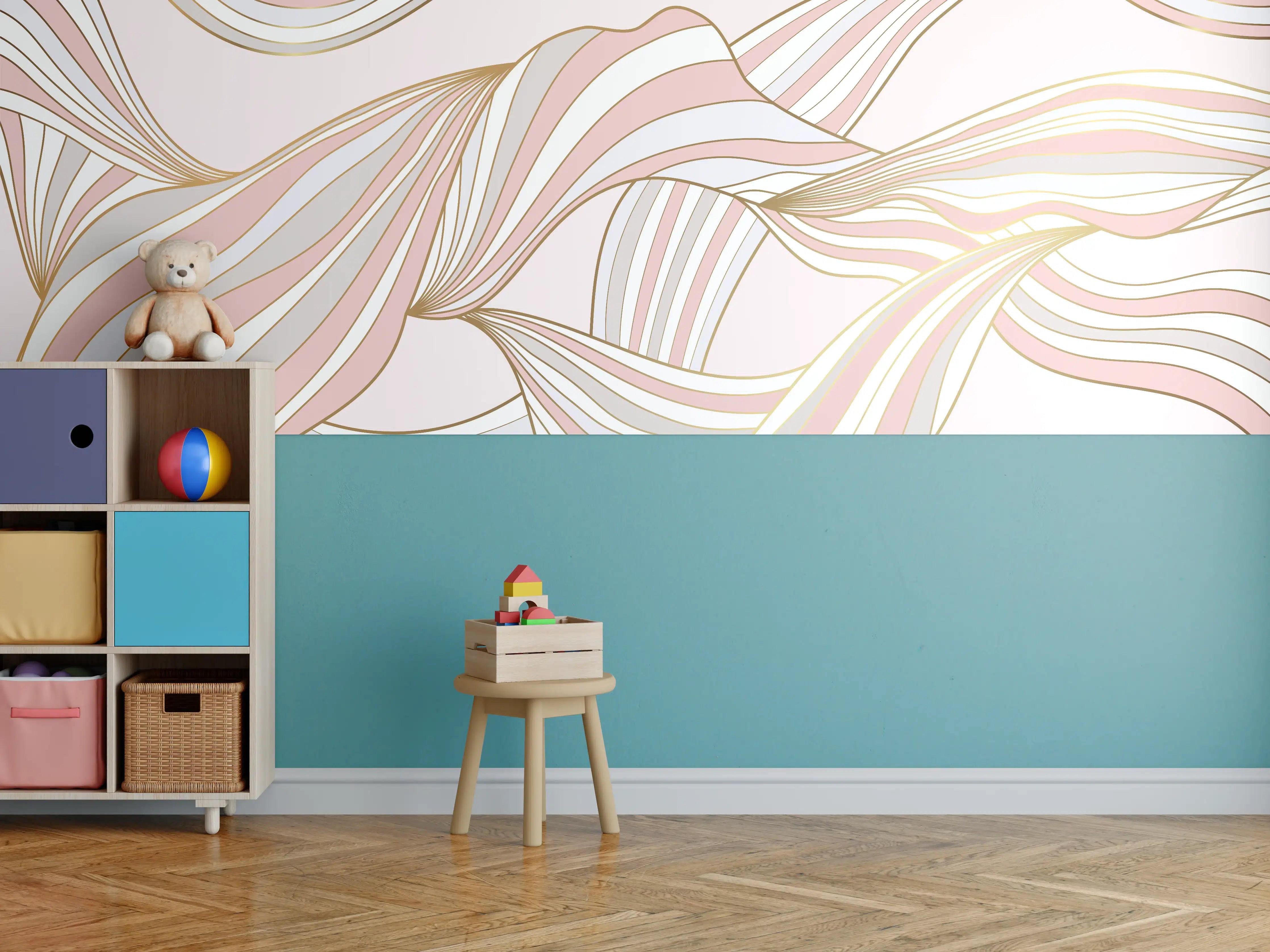 Kinderzimmer Wandgestaltung - Abstrakte Wogen Rosa Gold