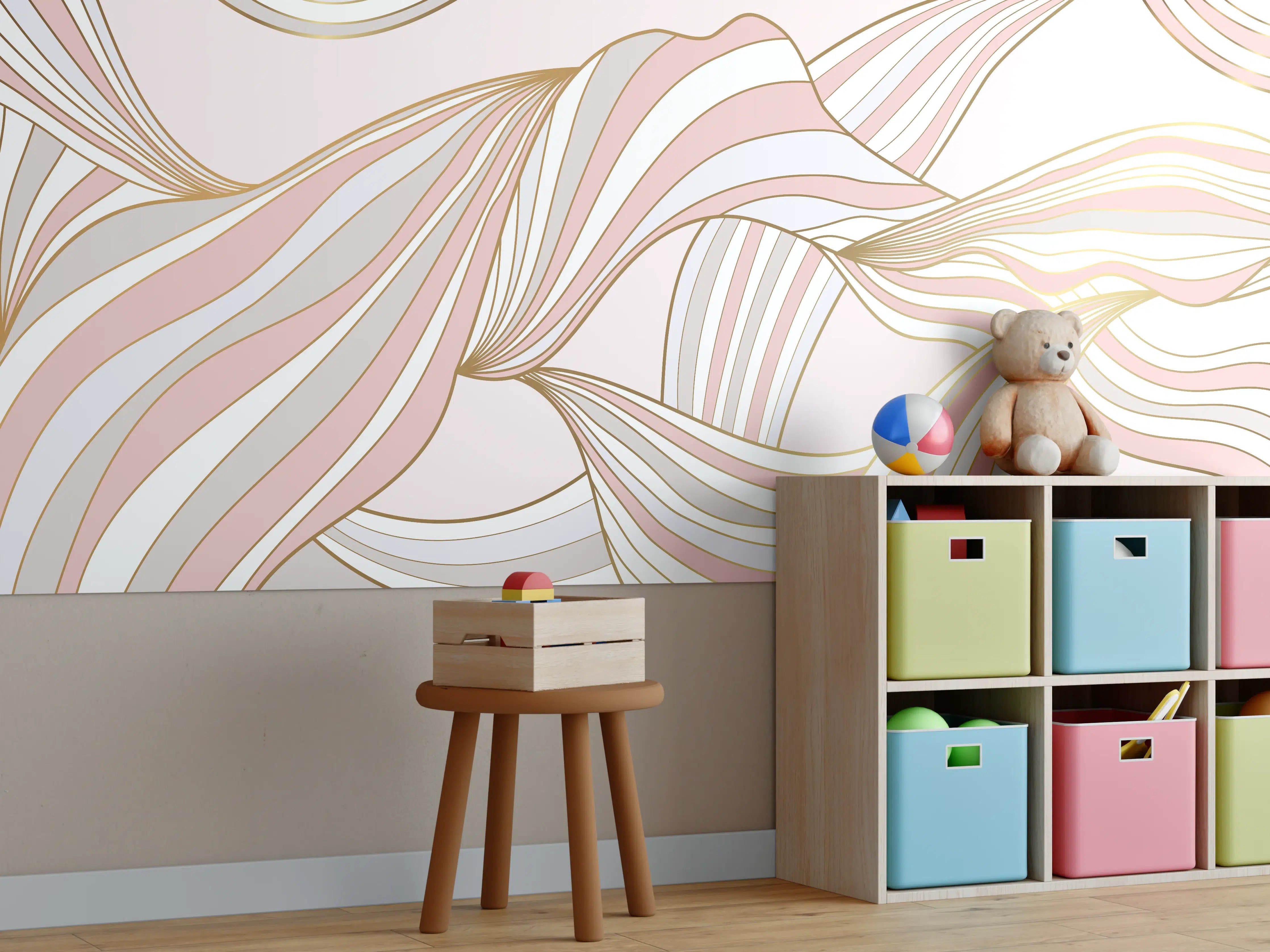 Kinderzimmer Wandgestaltung - Abstrakte Wogen Rosa Gold