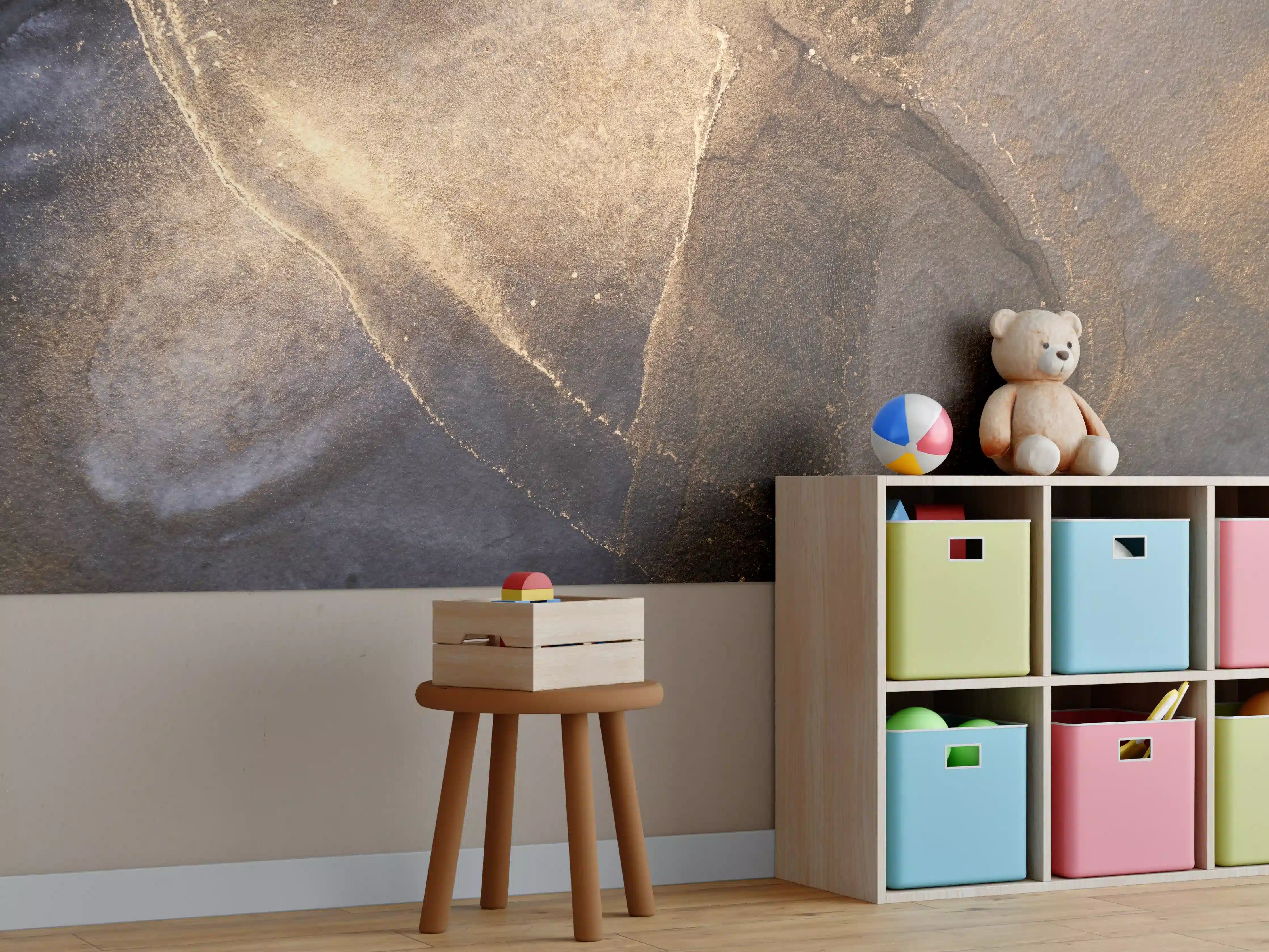 Kinderzimmer Wandgestaltung - Abstrakte dunkle Tinte mit Goldelementen