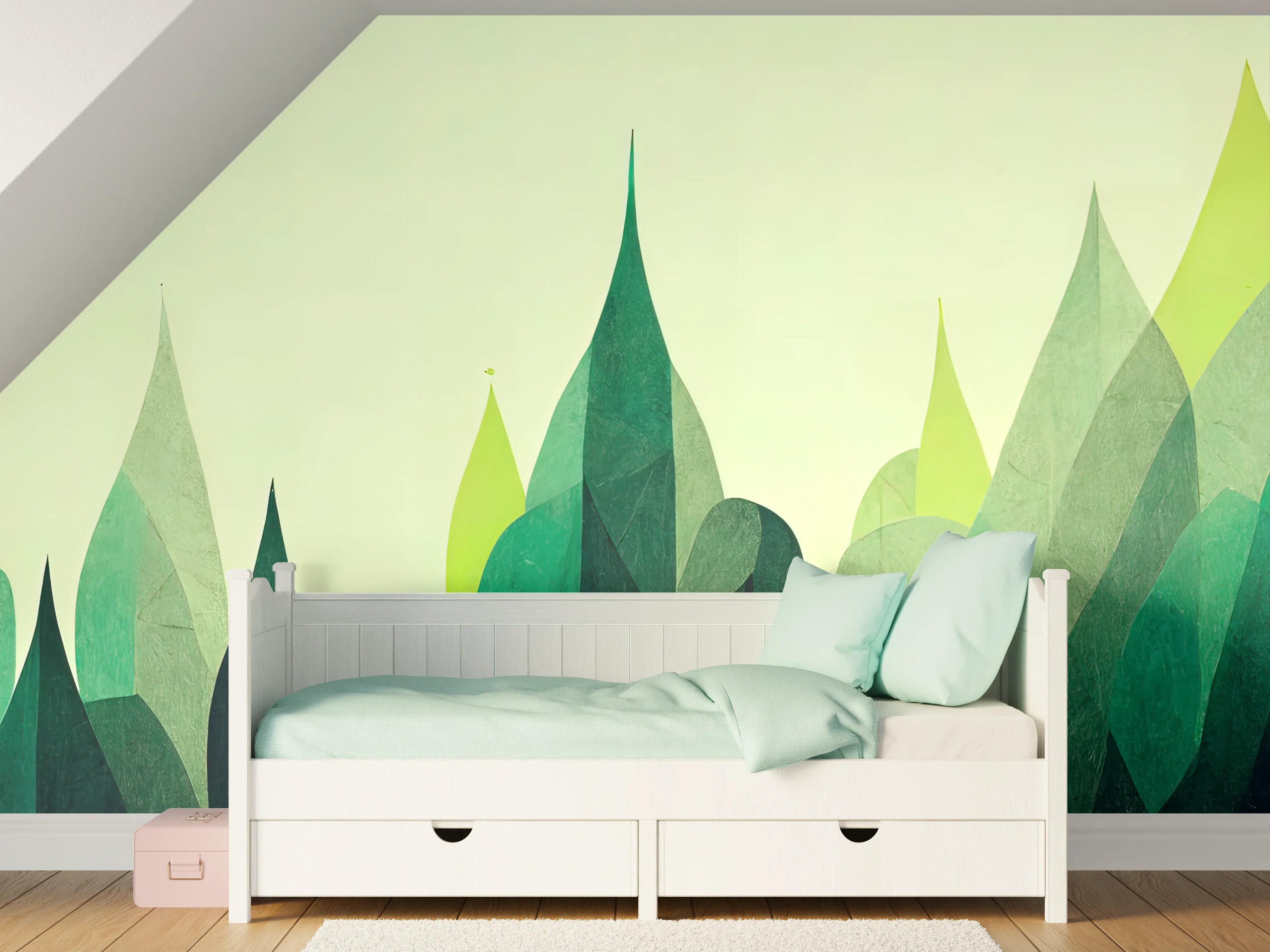 Kinderzimmer Wandgestaltung - Abstrakte grüne Berglandschaft in Wasserfarben-Optik