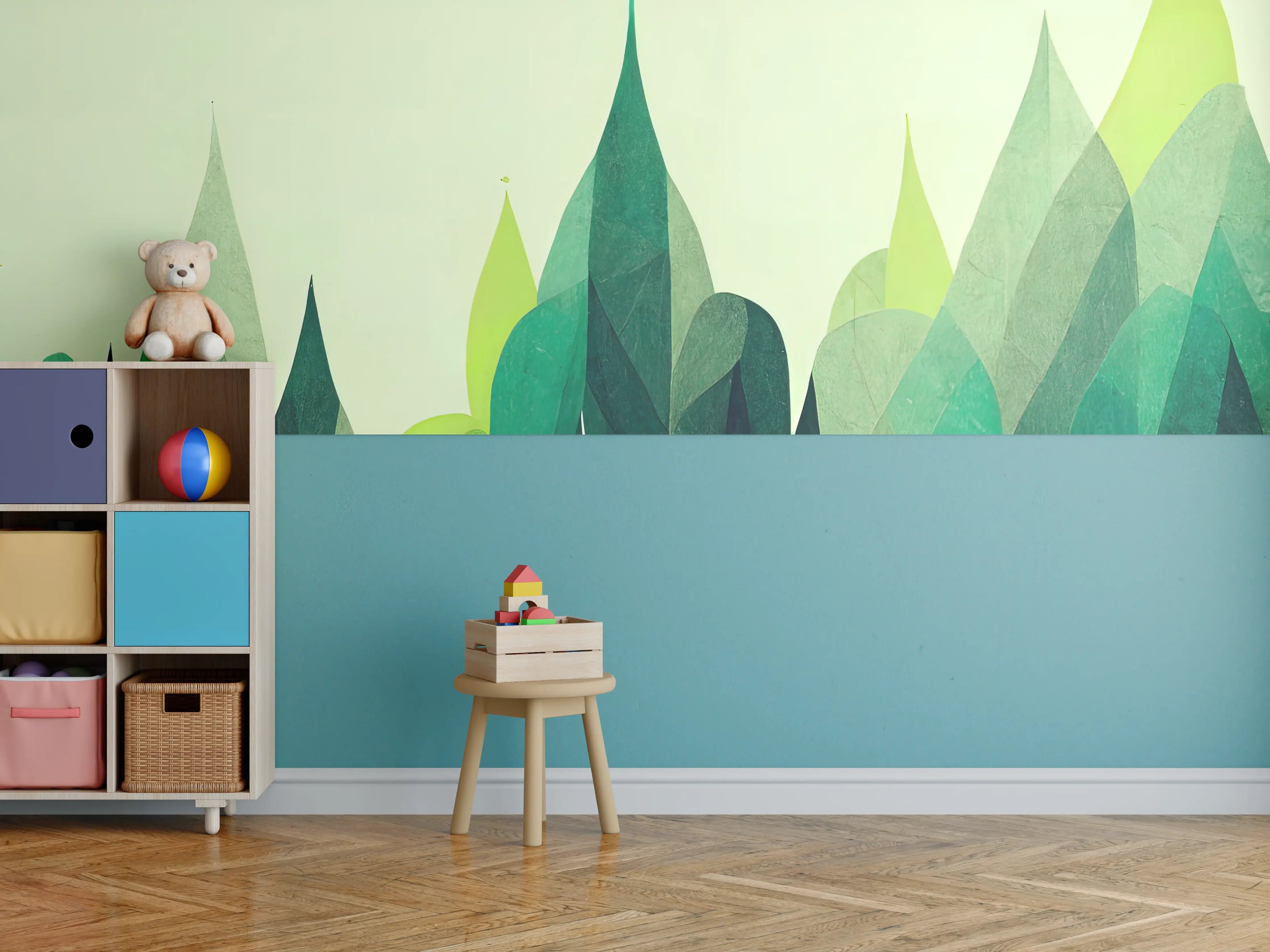 Kinderzimmer Wandgestaltung - Abstrakte grüne Berglandschaft in Wasserfarben-Optik