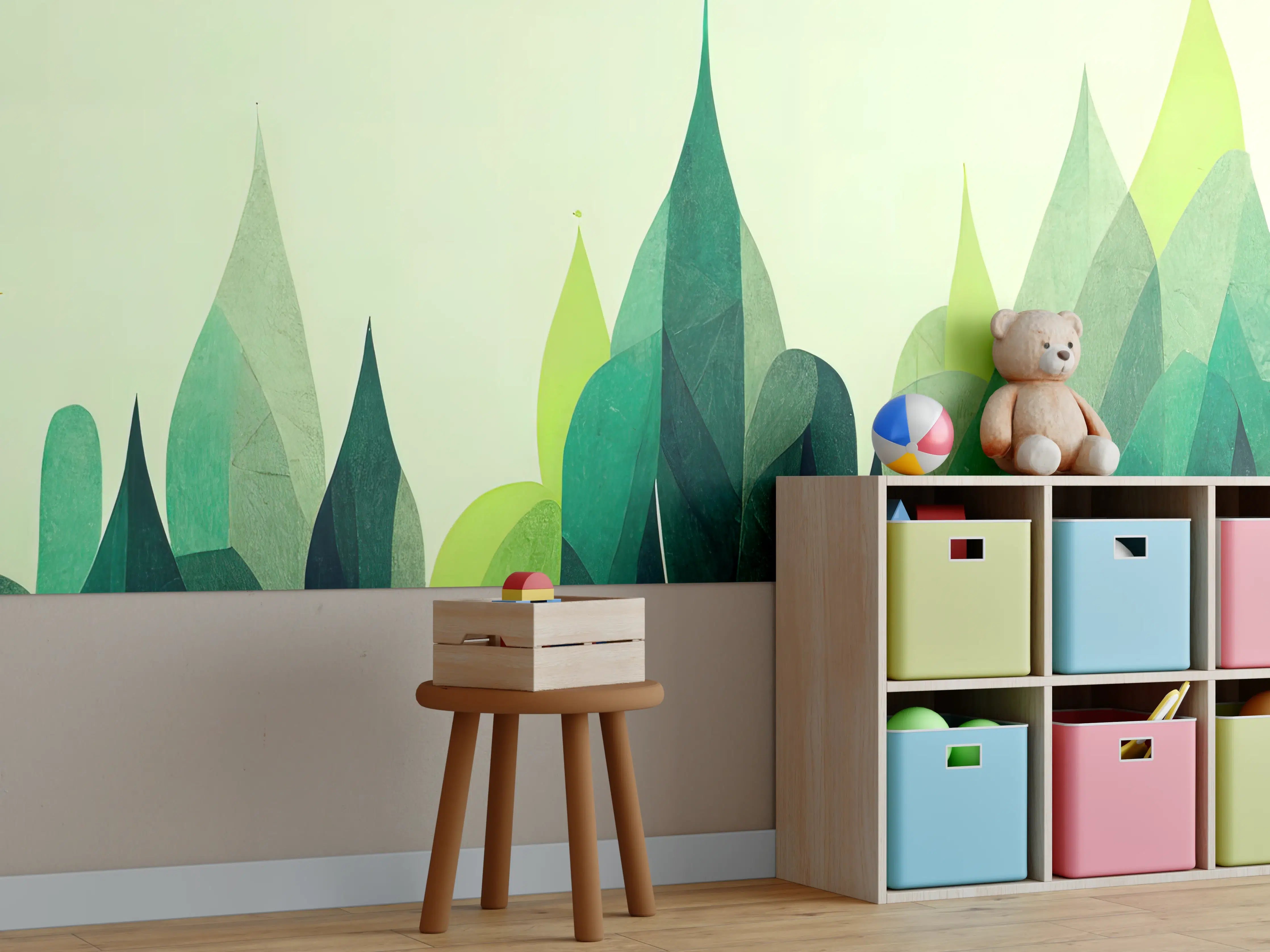 Kinderzimmer Wandgestaltung - Abstrakte grüne Berglandschaft in Wasserfarben-Optik