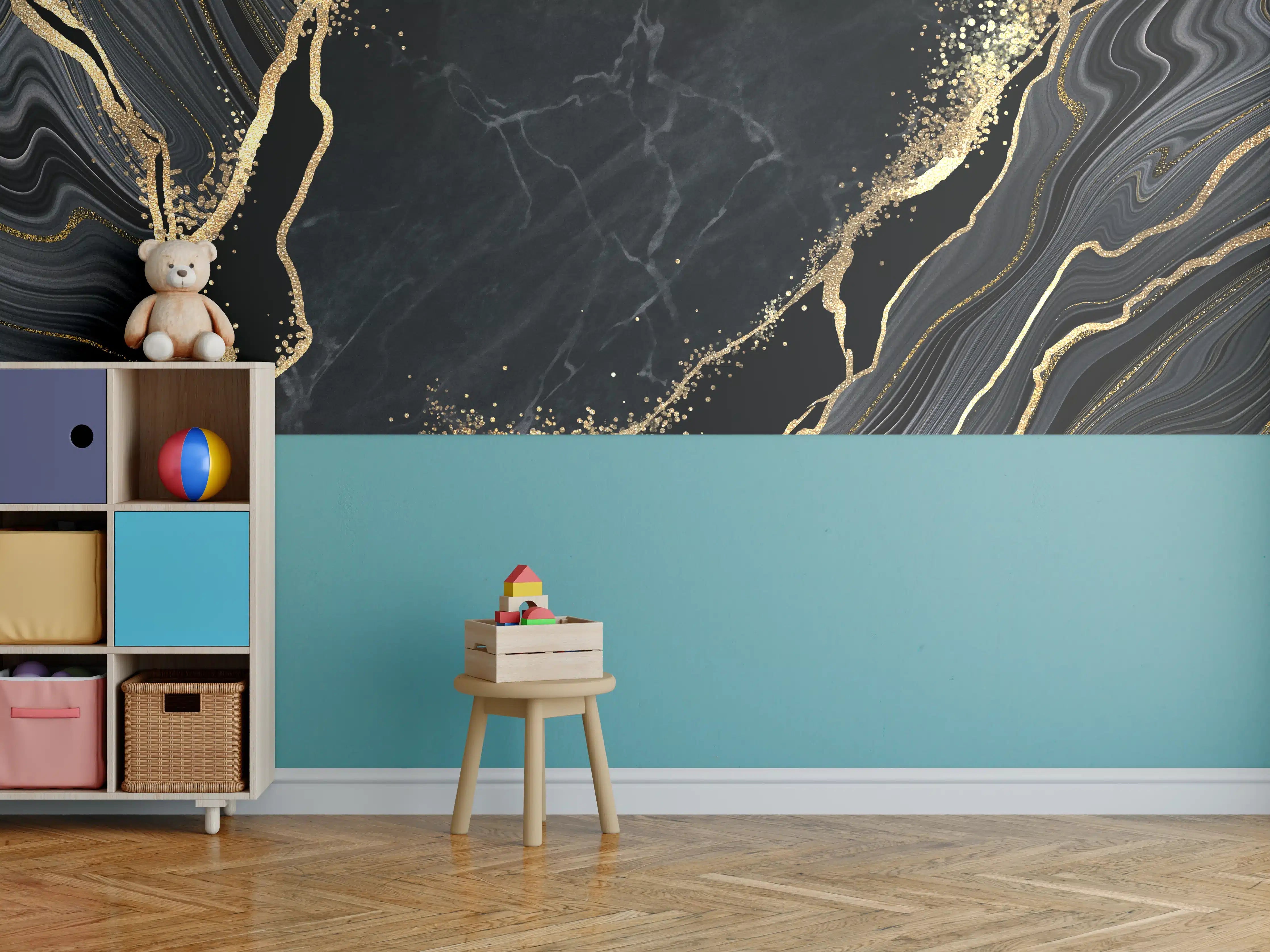 Kinderzimmer Wandgestaltung - Abstrakter schwarzer Marmor mit goldenen Adern