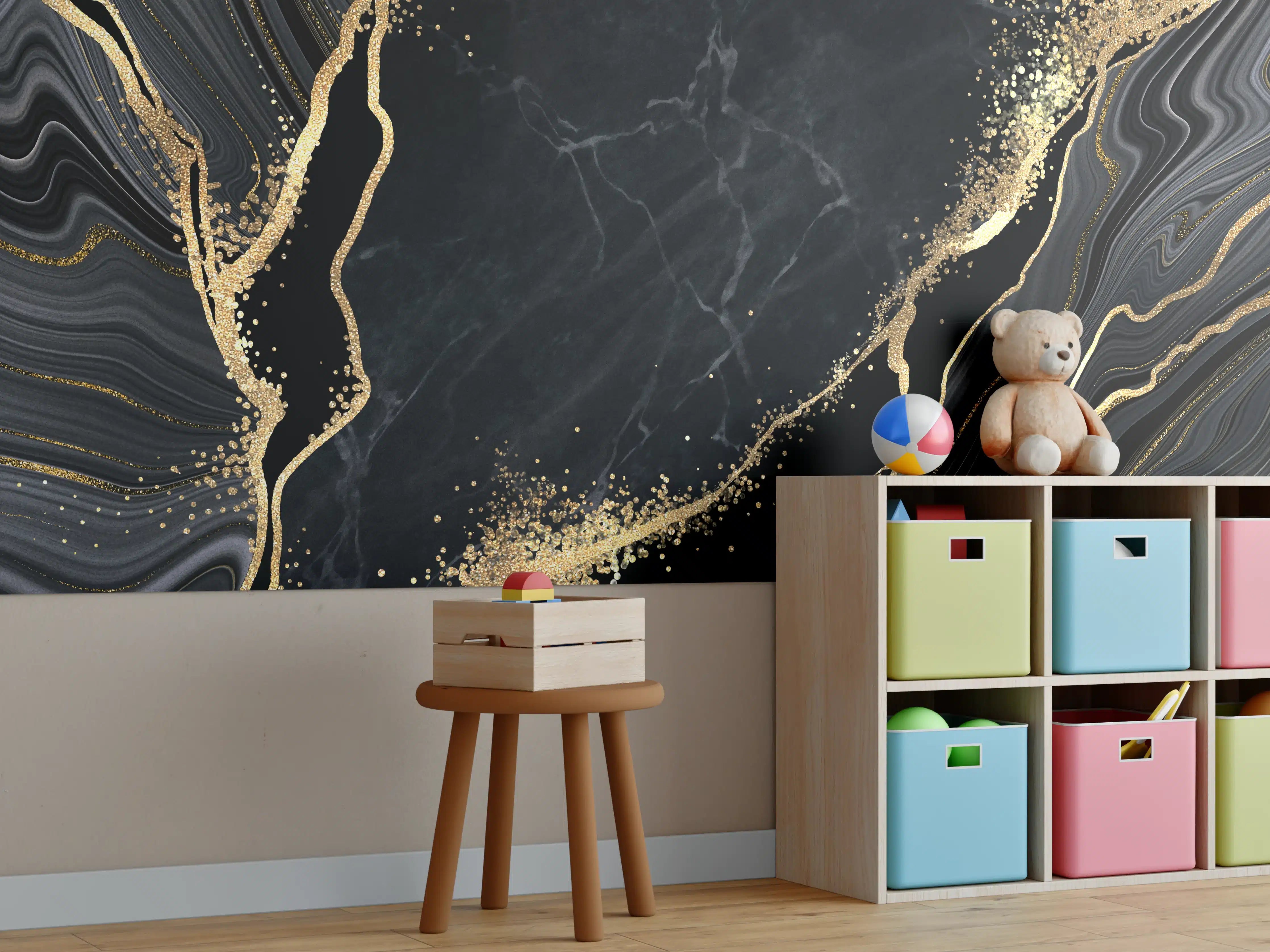 Kinderzimmer Wandgestaltung - Abstrakter schwarzer Marmor mit goldenen Adern