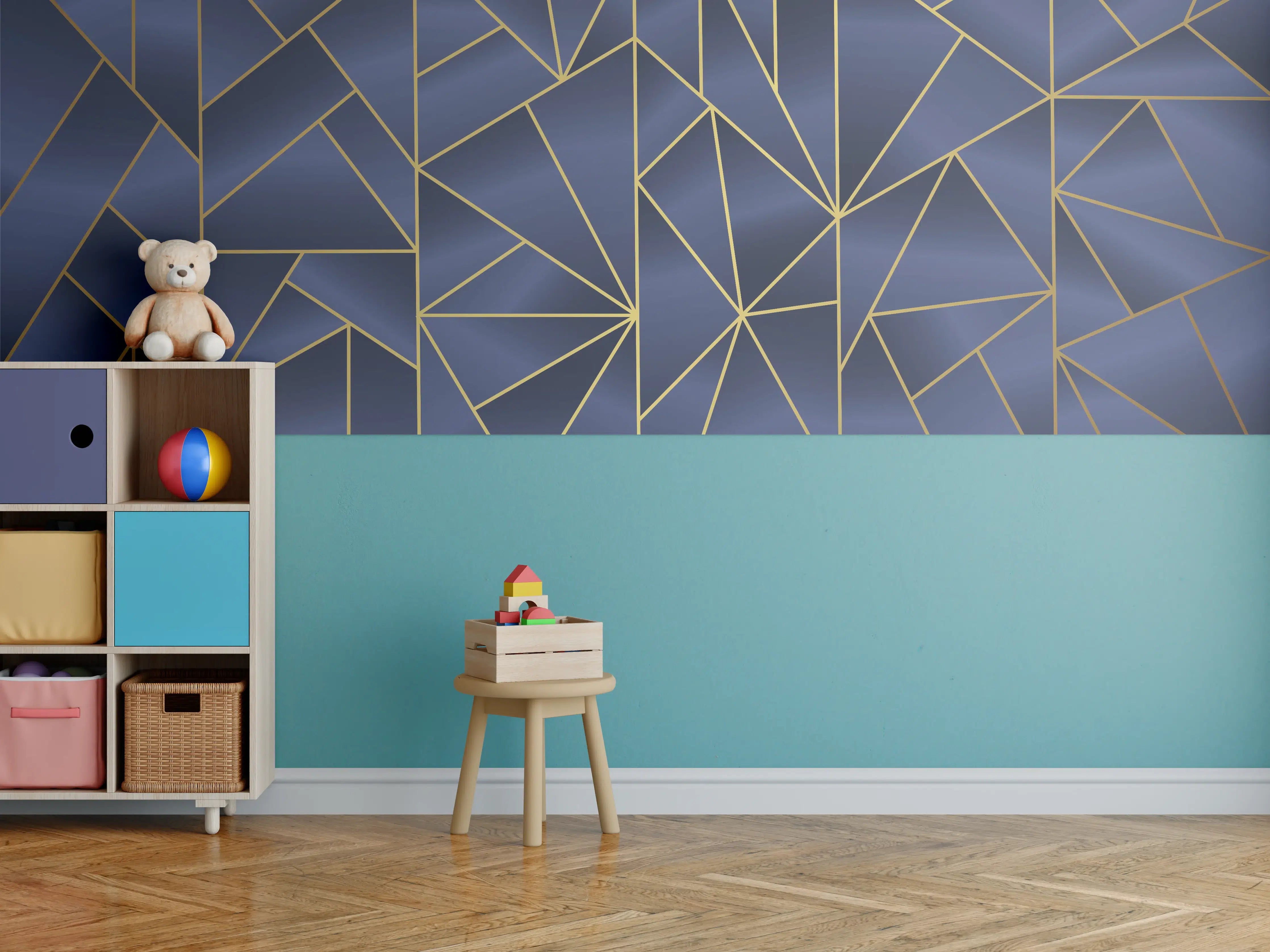Kinderzimmer Wandgestaltung - Abstraktes Blau-Gold Muster
