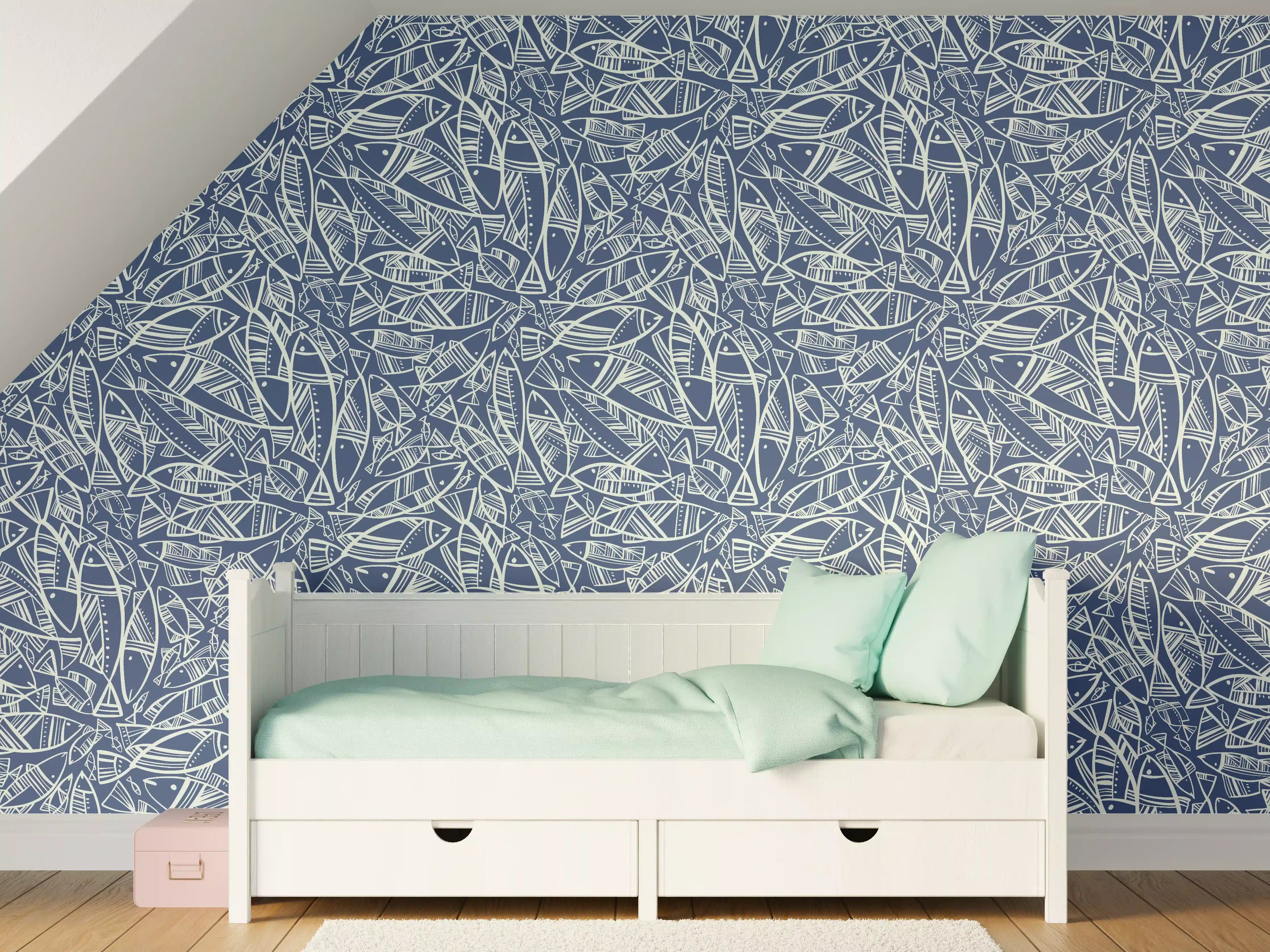 Kinderzimmer Wandgestaltung - Abstraktes Fischmuster Blau