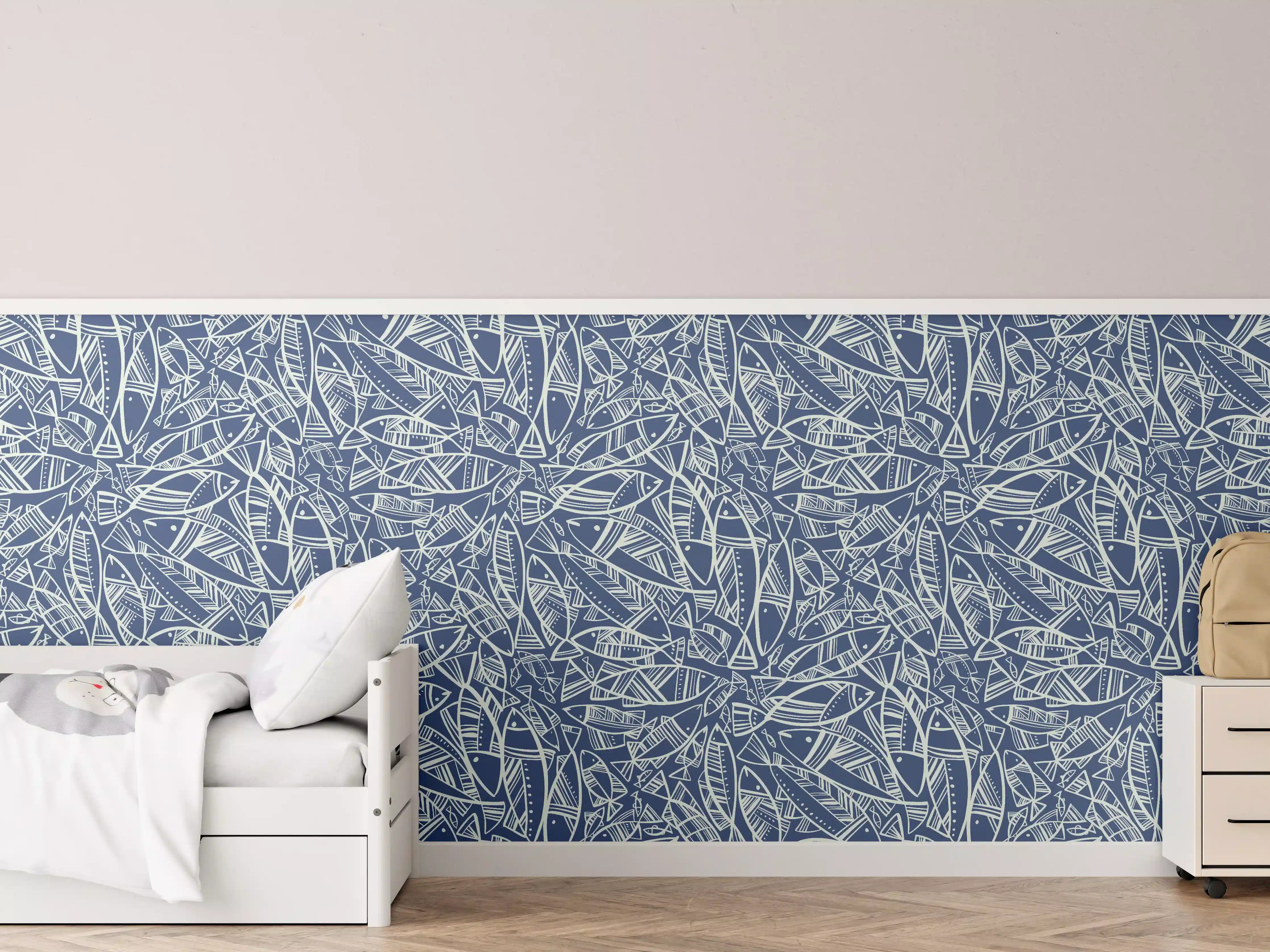 Kinderzimmer Wandgestaltung - Abstraktes Fischmuster Blau