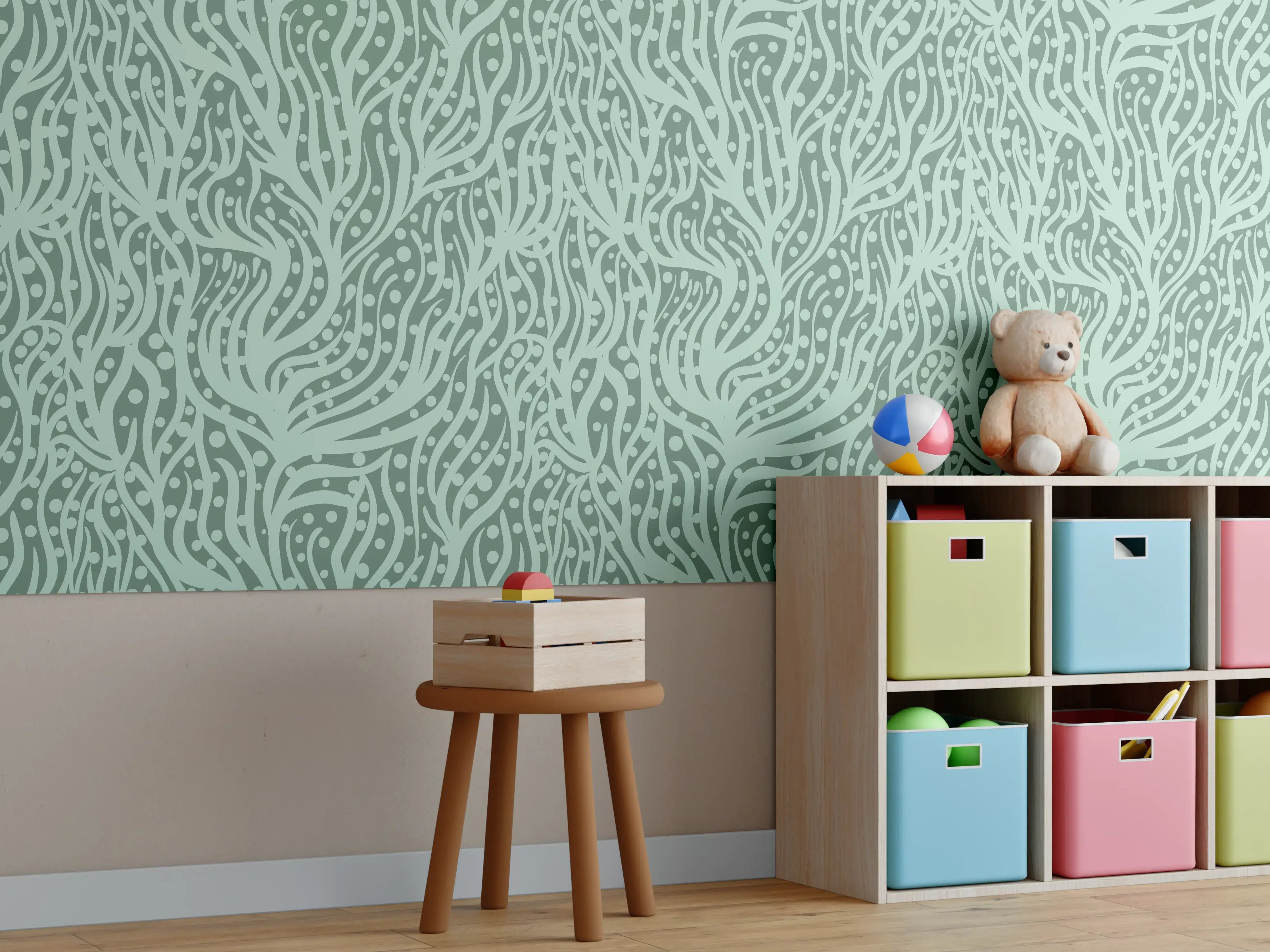 Kinderzimmer Wandgestaltung - Abstraktes Korallenmuster Grün-Türkis
