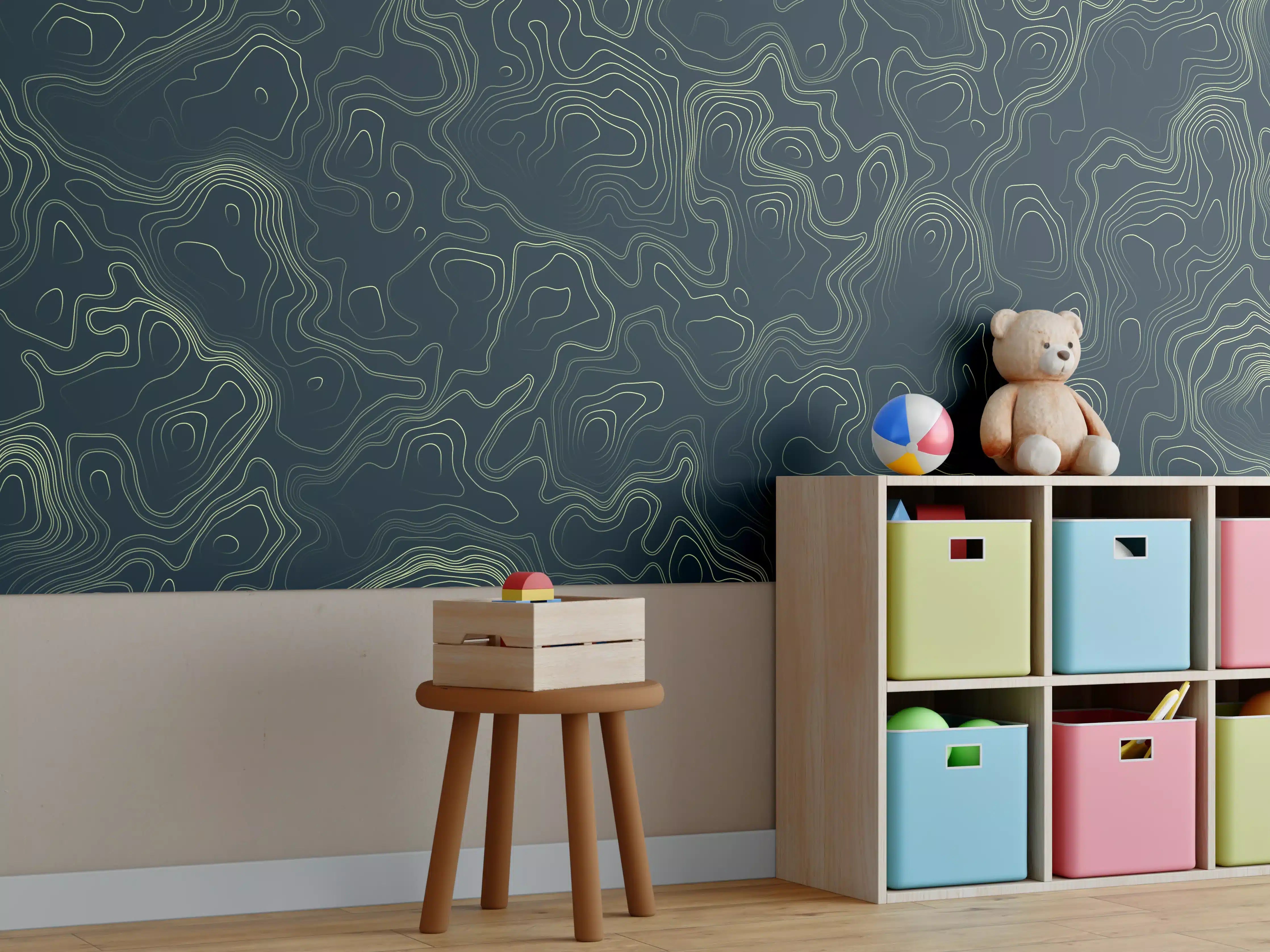 Kinderzimmer Wandgestaltung - Abstraktes Muster auf gräulichem Hintergrund