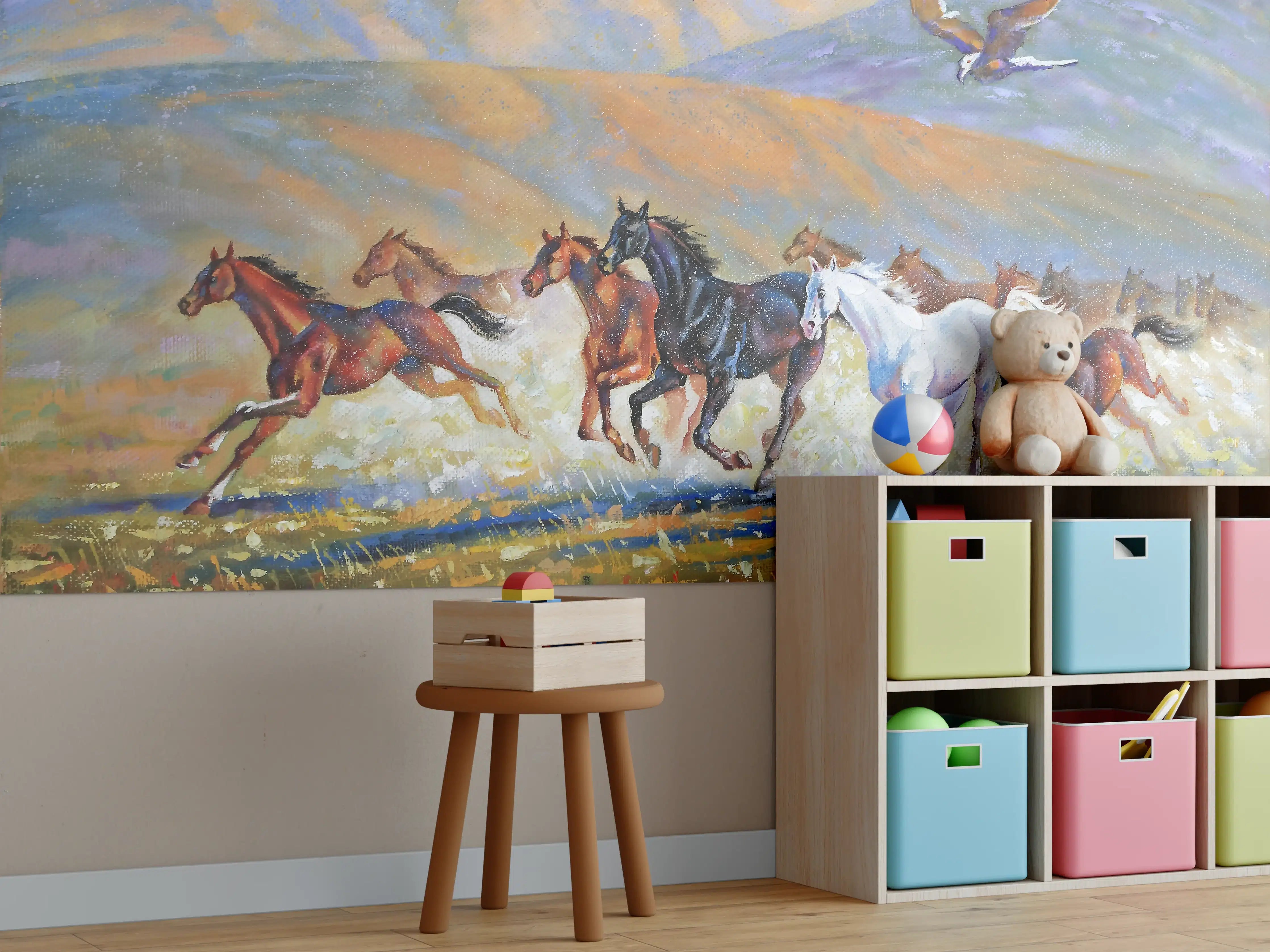Kinderzimmer Wandgestaltung - Adler über gallopierender  Herde von Pferden
