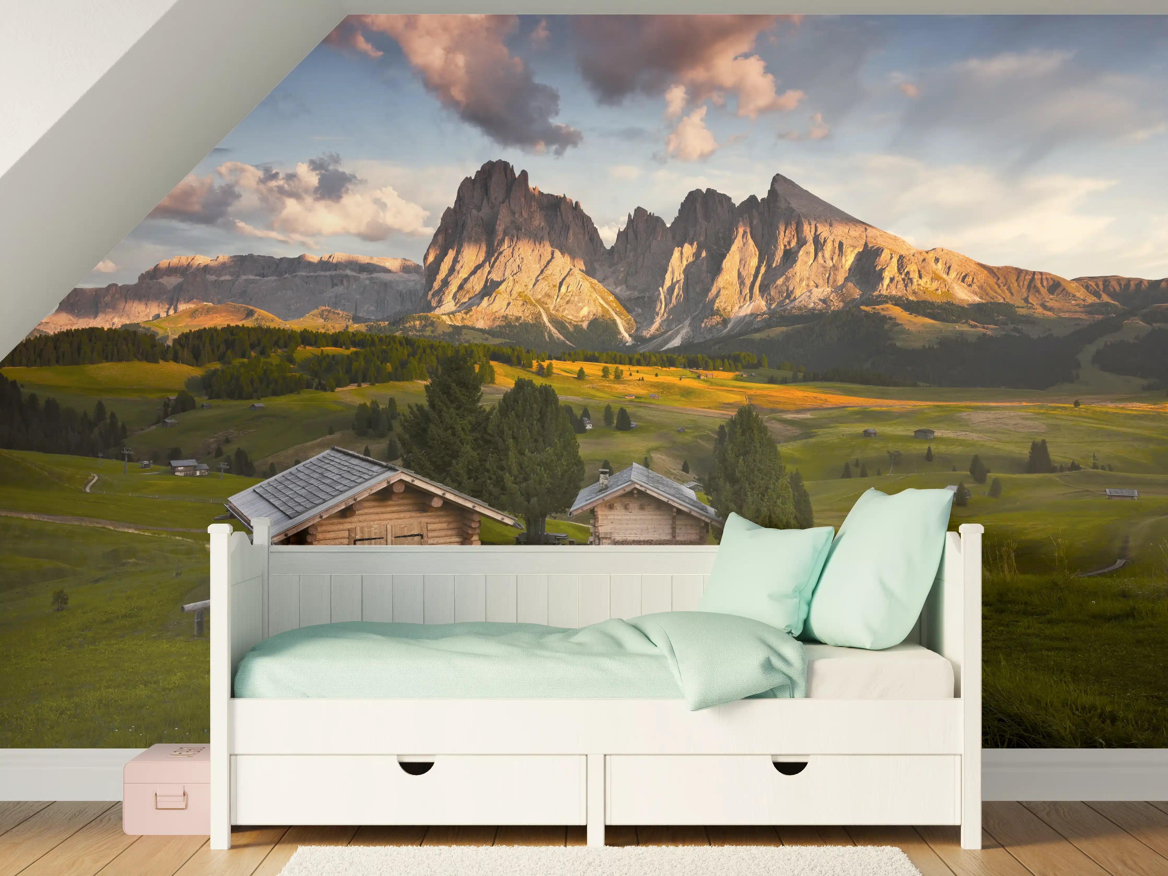 Kinderzimmer Wandgestaltung - Alpenhütten Sonnenuntergang Grün