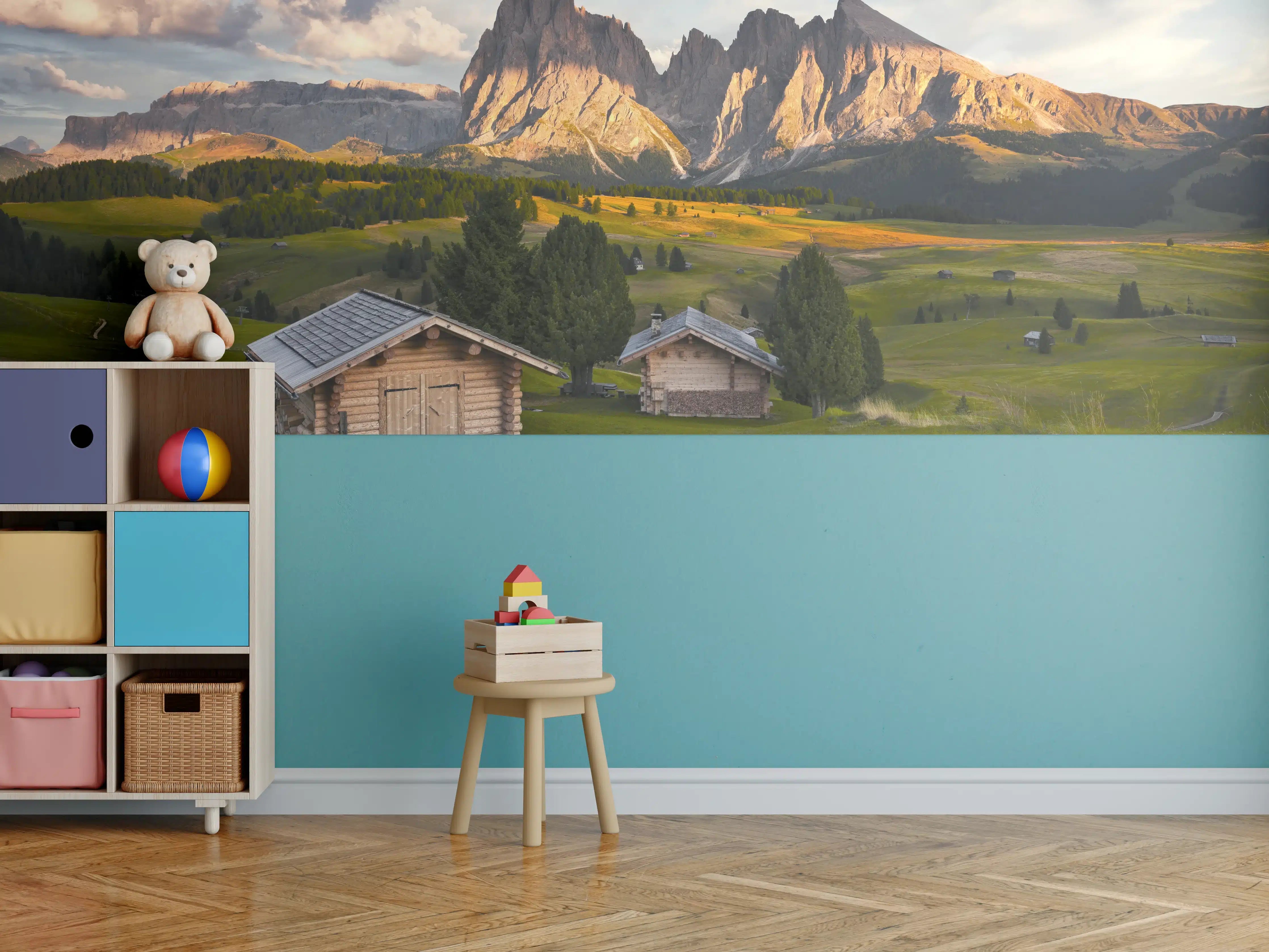 Kinderzimmer Wandgestaltung - Alpenhütten Sonnenuntergang Grün