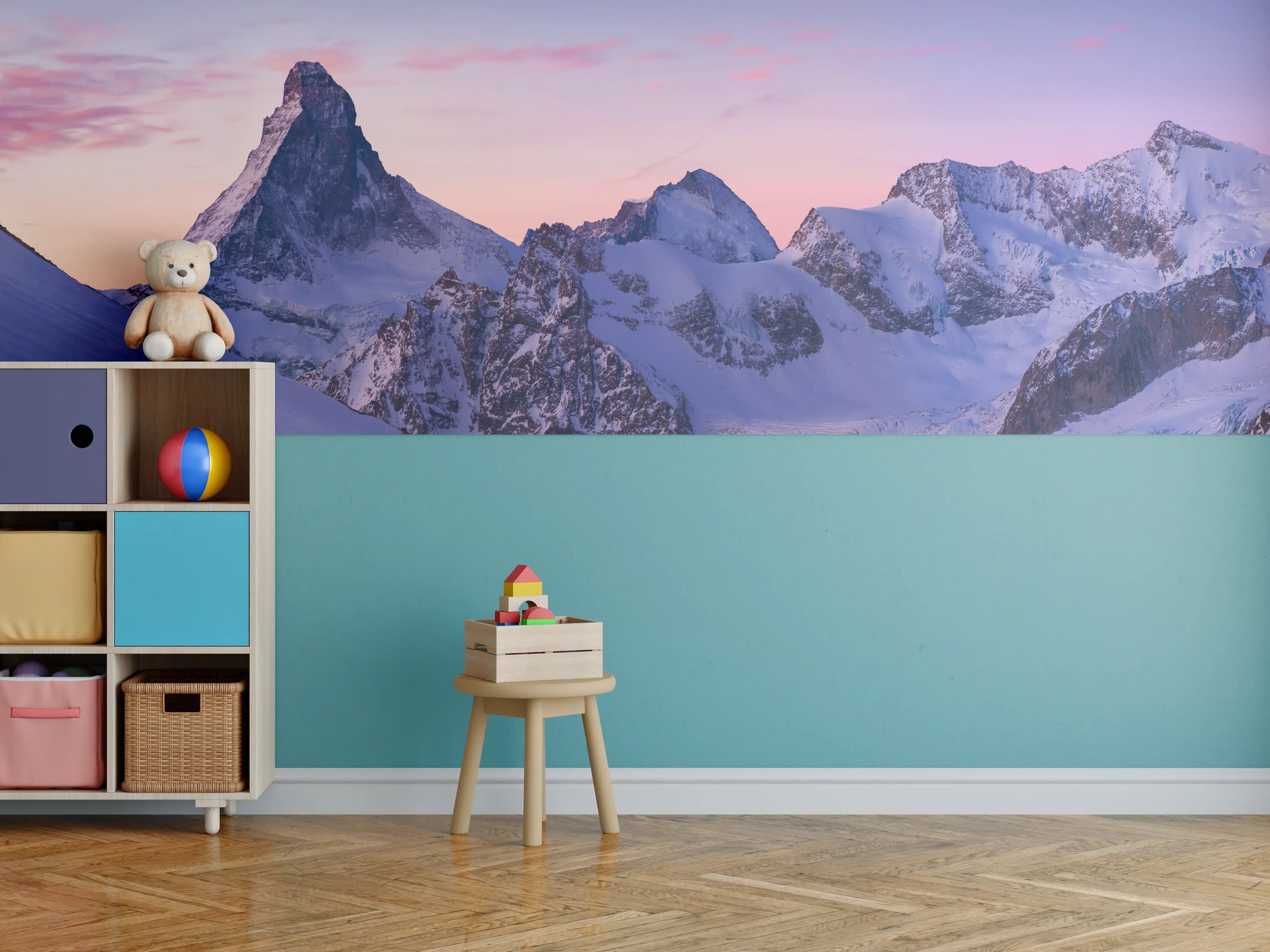 Kinderzimmer Wandgestaltung - Alpenpanorama Sonnenuntergang Weiß-Rosa