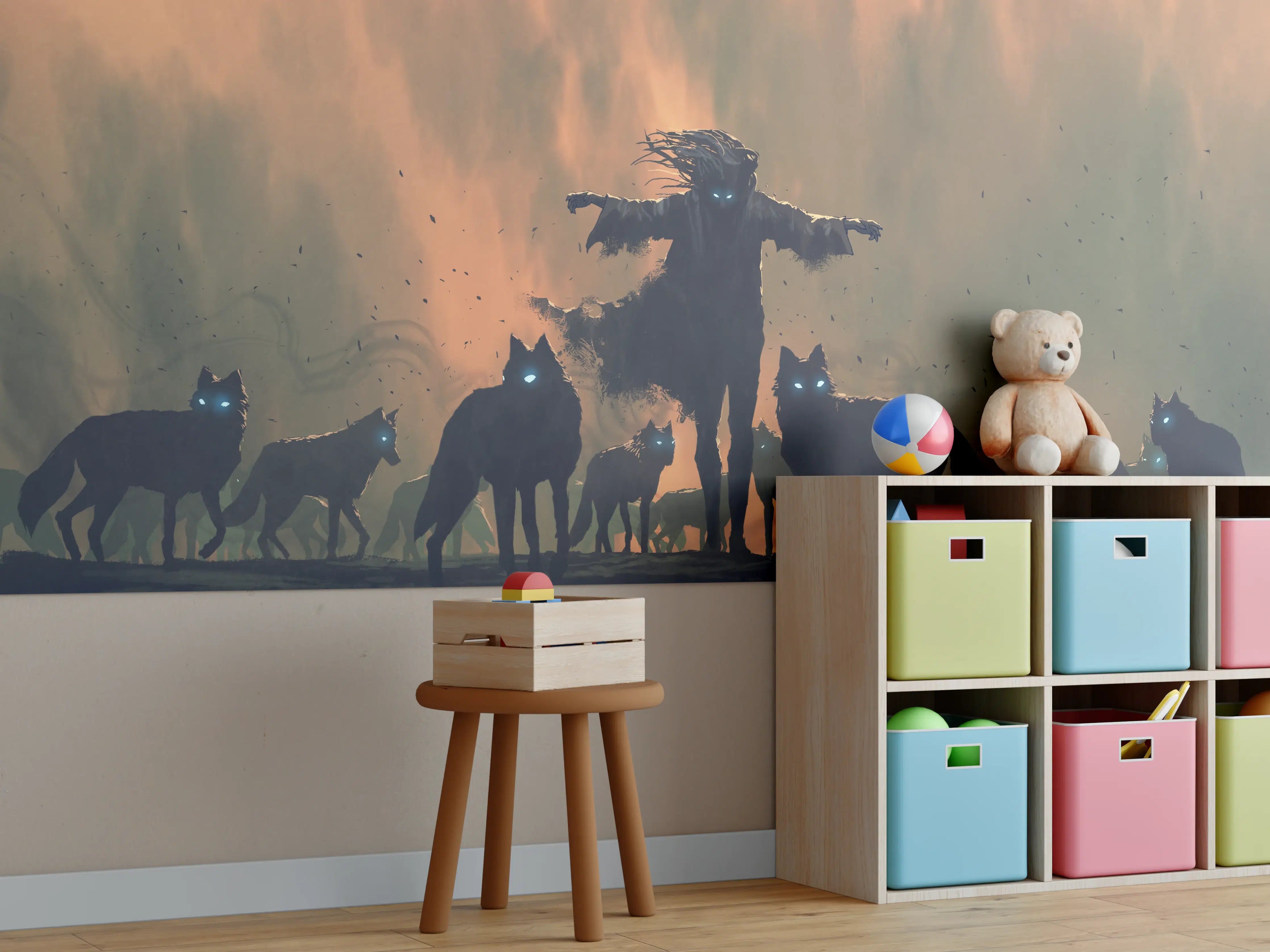 Kinderzimmer Wandgestaltung - Alpha-Wolf Silhouette Dämmerung