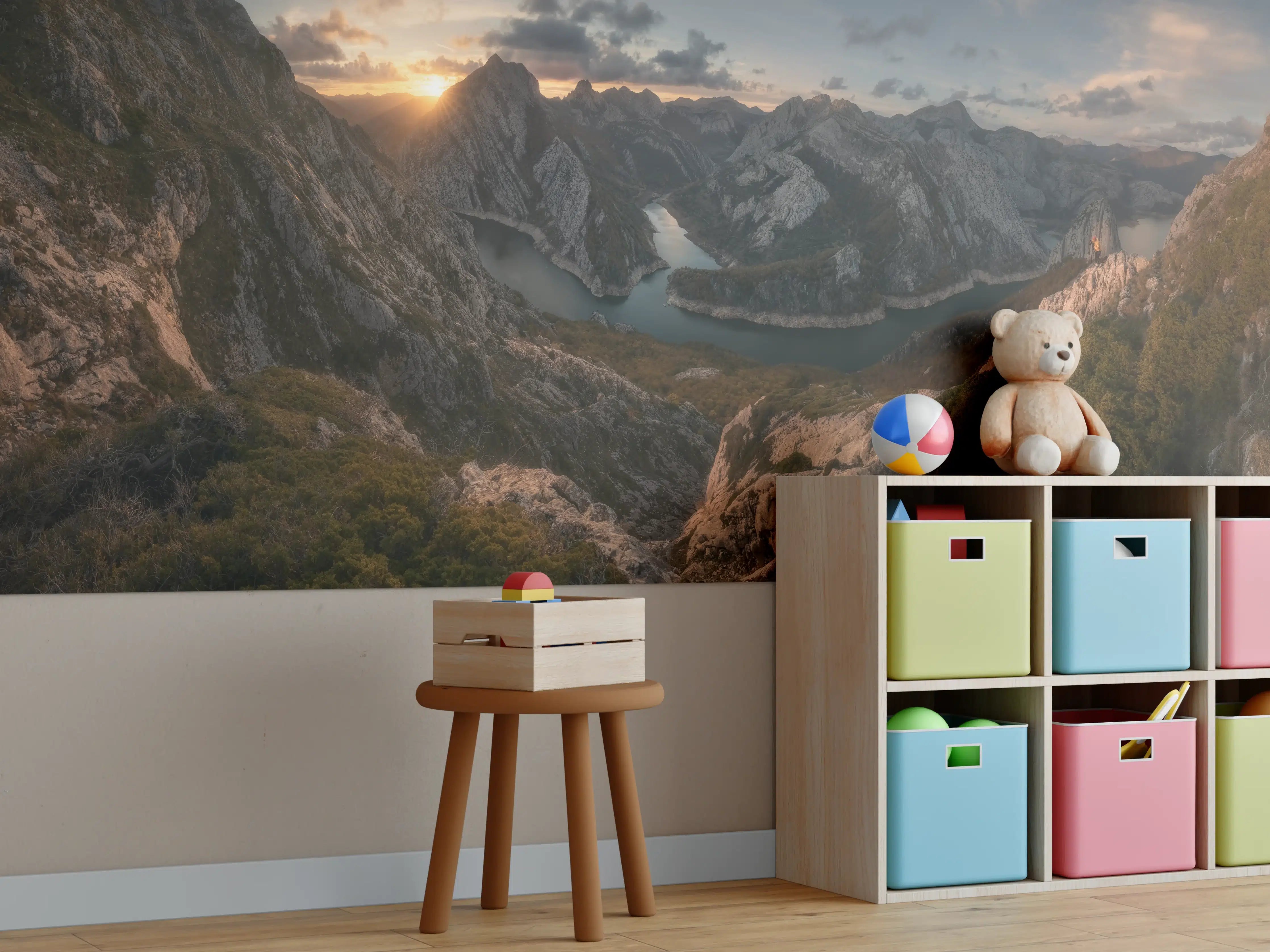 Kinderzimmer Wandgestaltung - Alpines Morgenrot am Bergsee