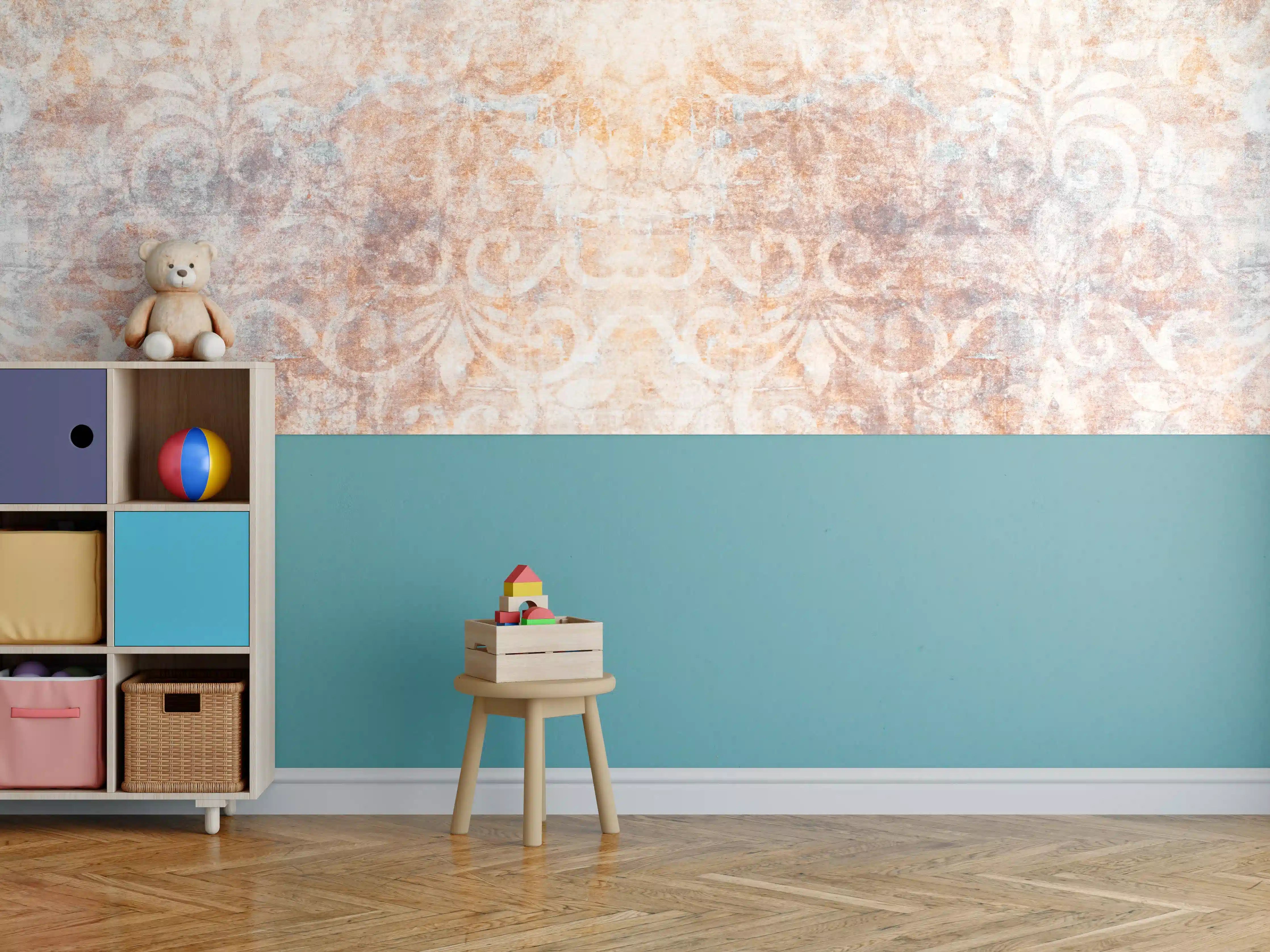 Kinderzimmer Wandgestaltung - Alte braun-orange-weiß Fliesenpatchwork