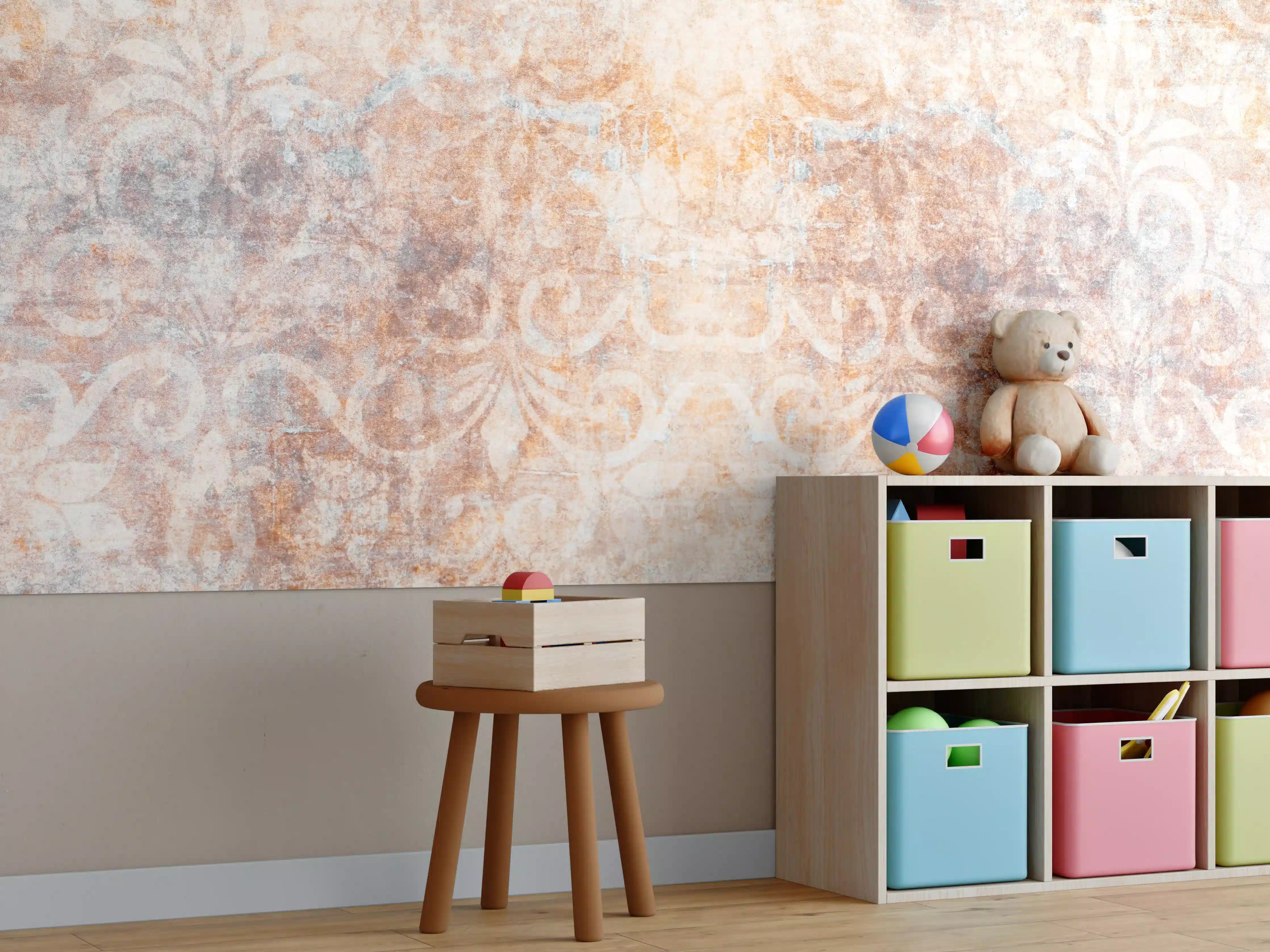 Kinderzimmer Wandgestaltung - Alte braun-orange-weiß Fliesenpatchwork