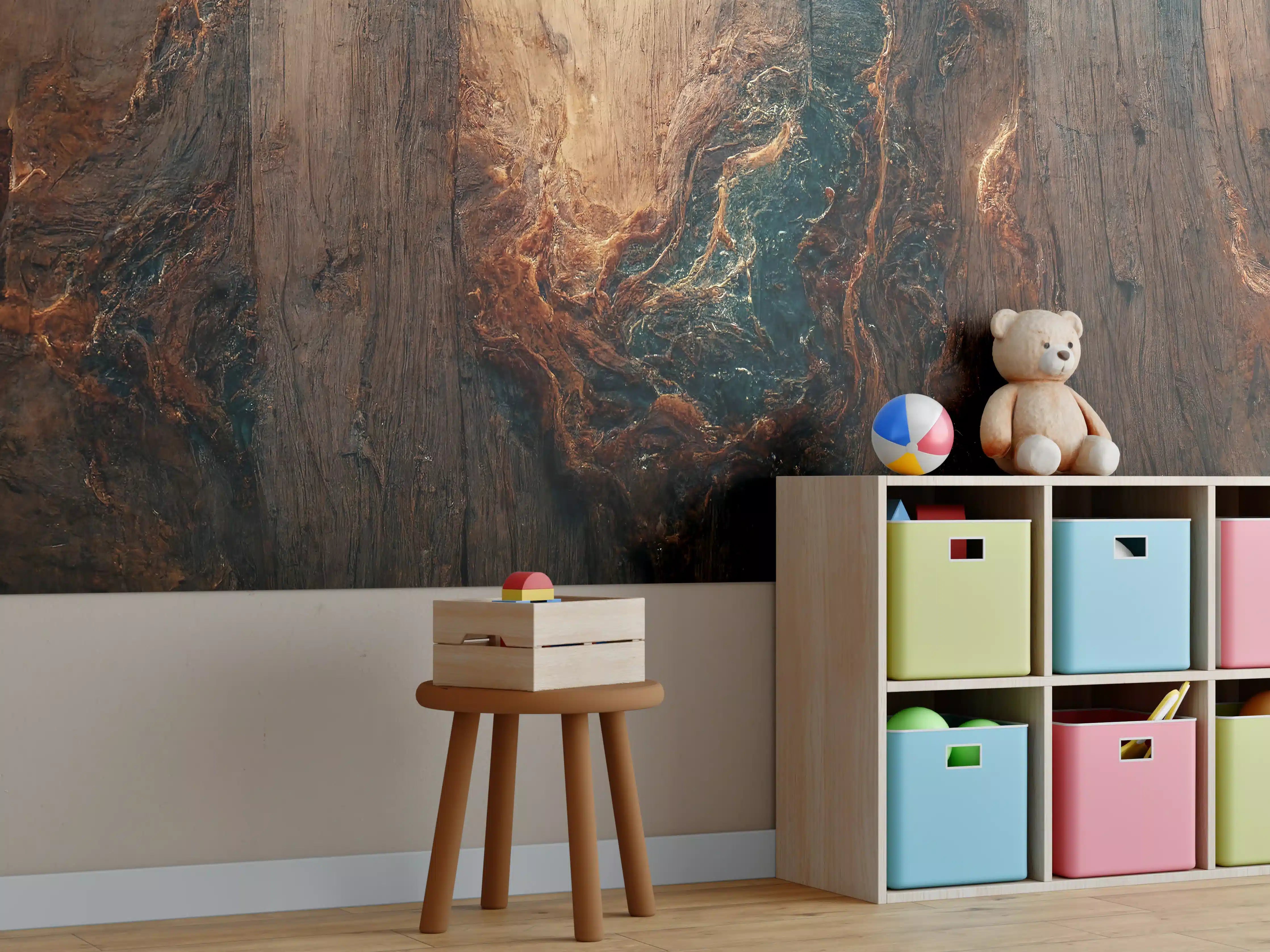 Kinderzimmer Wandgestaltung - Alter Holzhintergrund mit blauem Harz