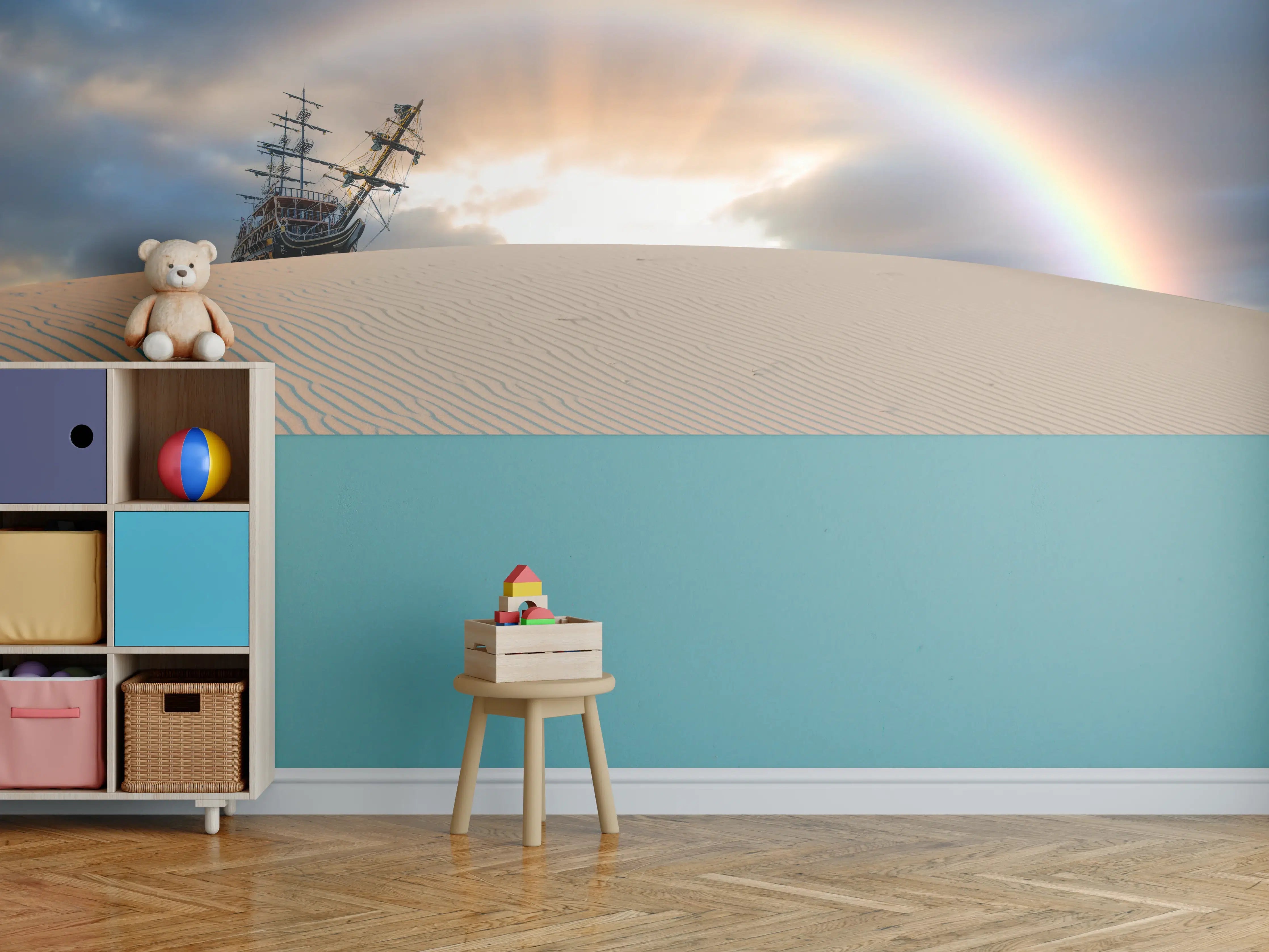 Kinderzimmer Wandgestaltung - Altes Schiff Wüste Regenbogen