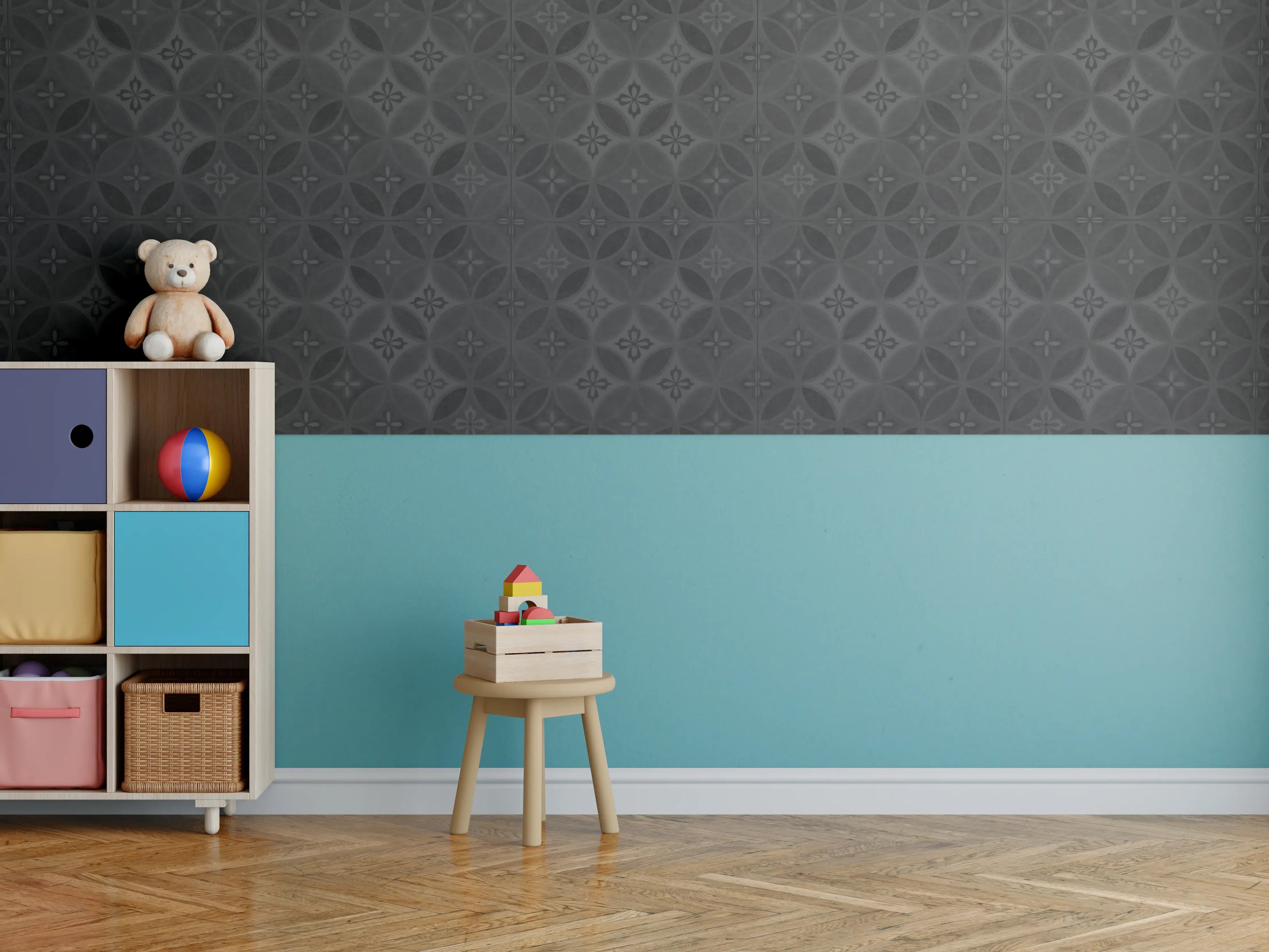 Kinderzimmer Wandgestaltung - Altes Schwarz-Anthrazit Patchwork Mosaik Motiv