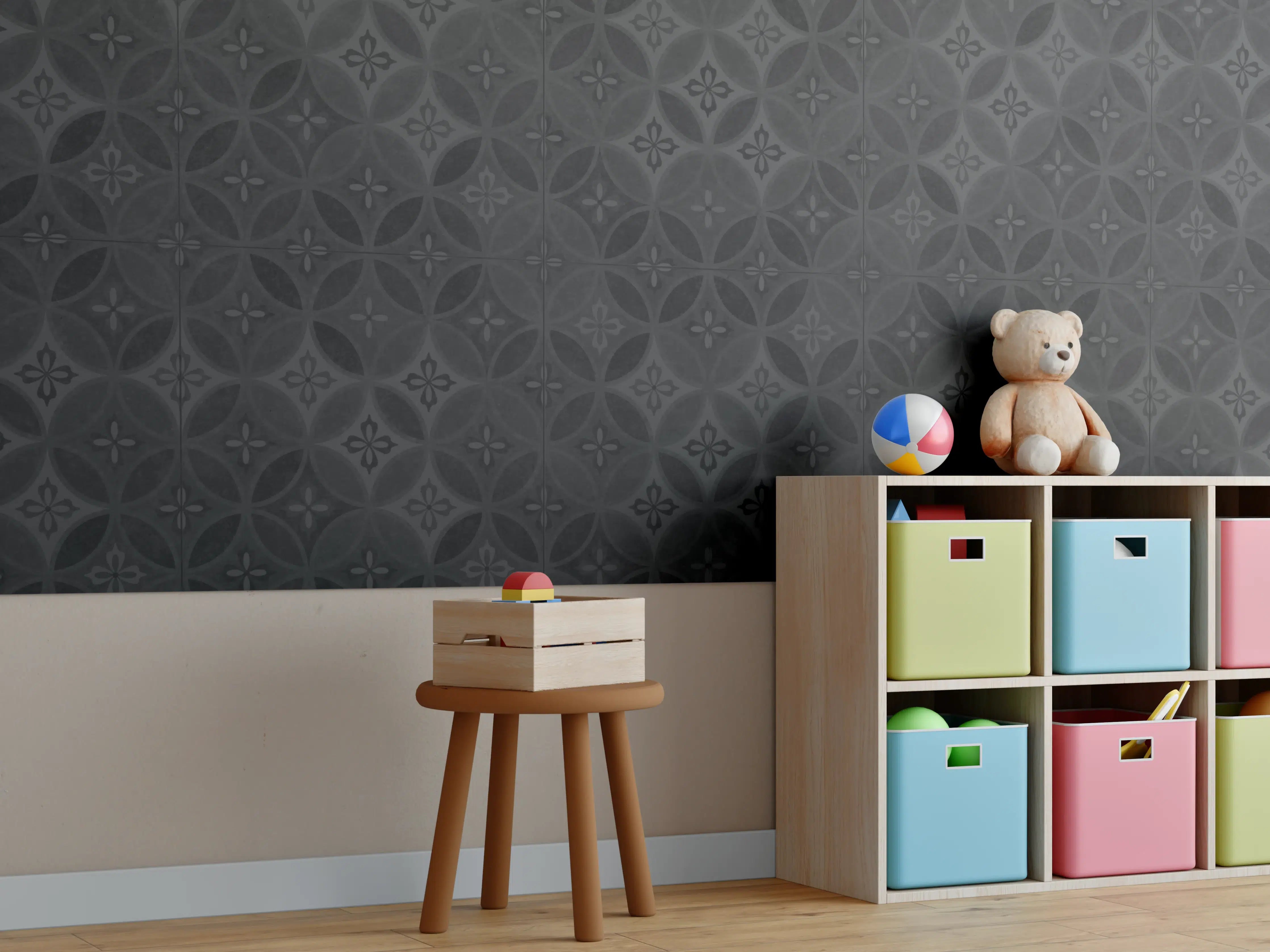 Kinderzimmer Wandgestaltung - Altes Schwarz-Anthrazit Patchwork Mosaik Motiv