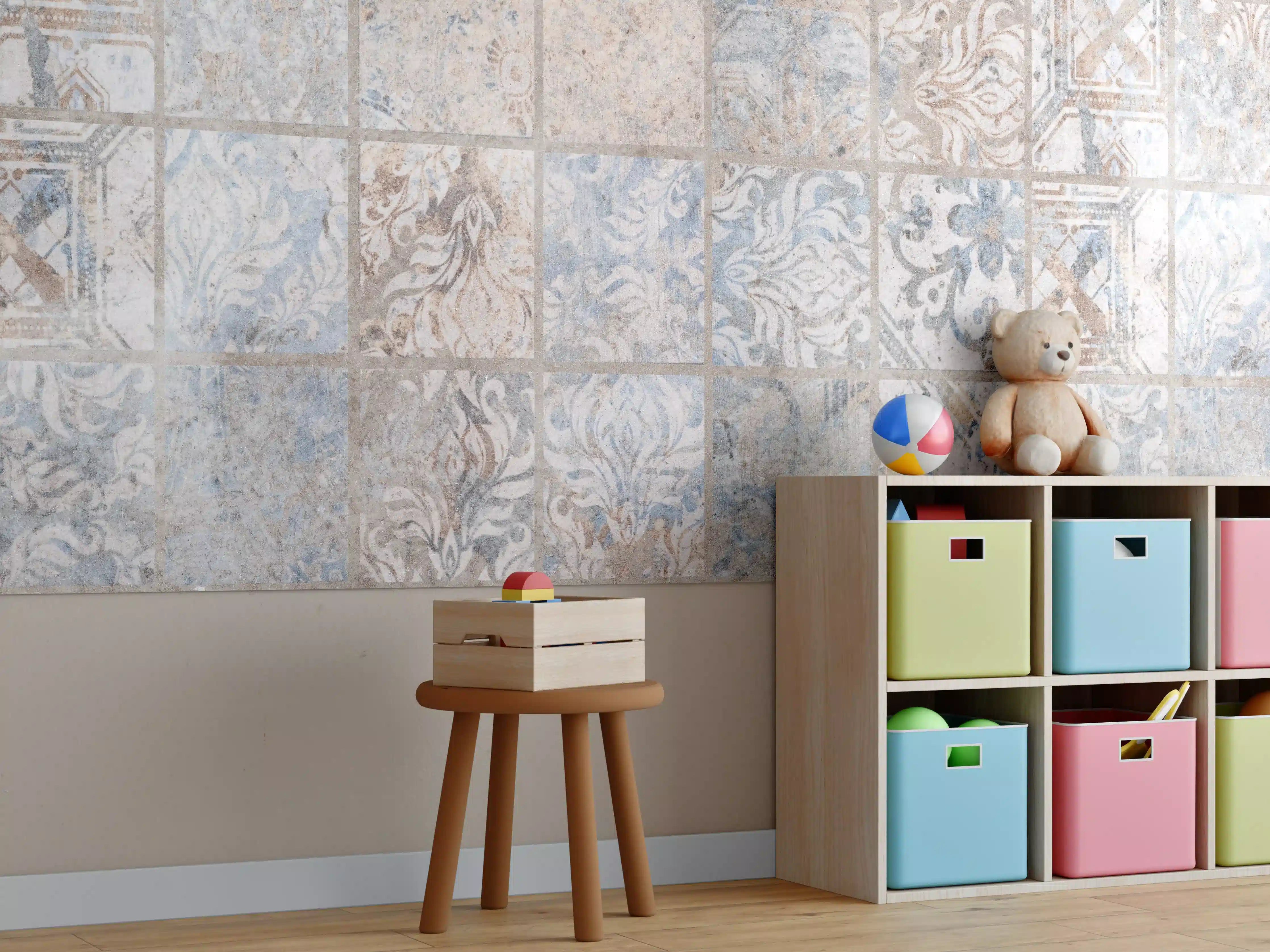 Kinderzimmer Wandgestaltung - Altes blau-braun Patchwork Motiv