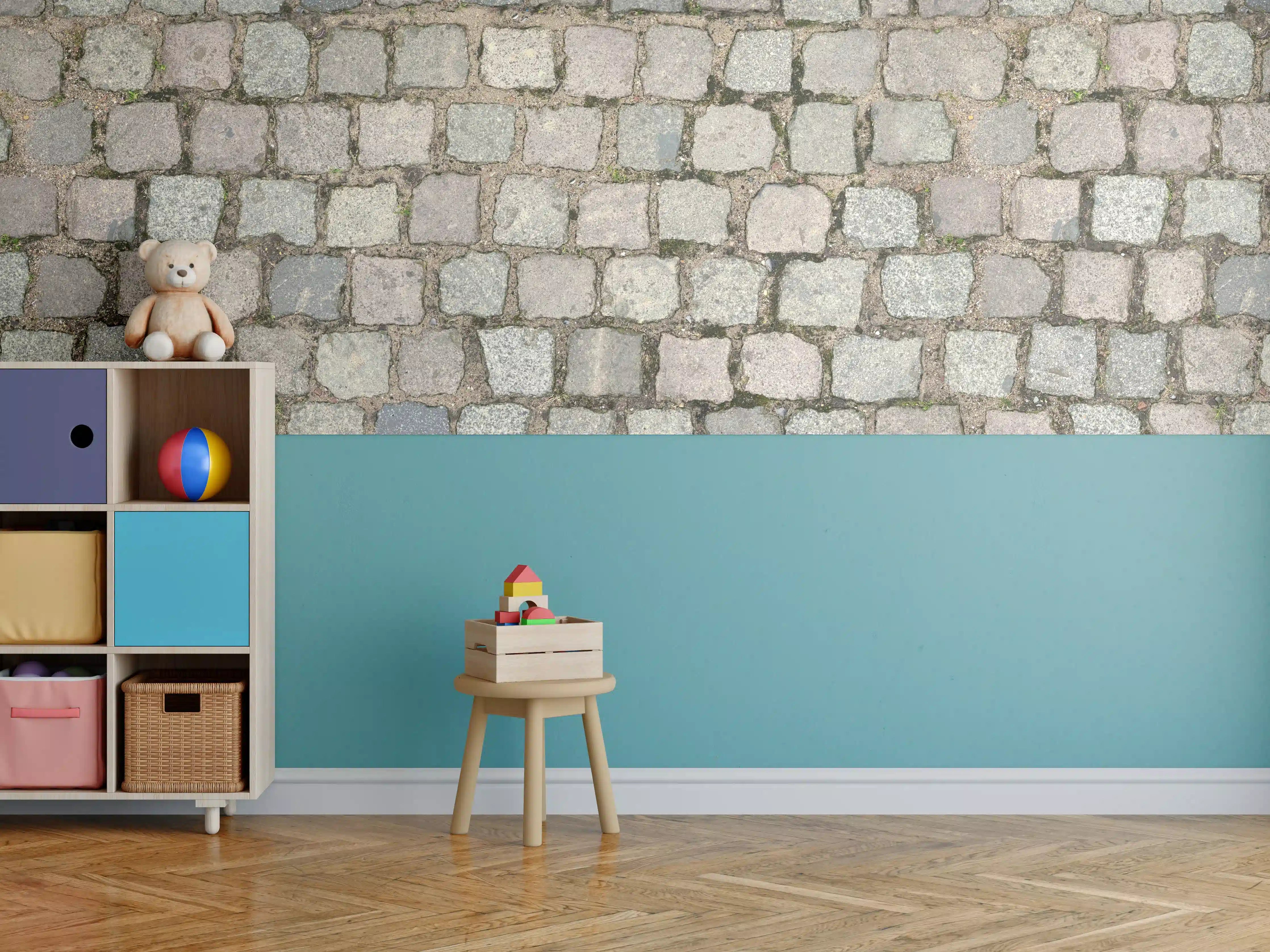 Kinderzimmer Wandgestaltung - Altstadt Kopfsteinpflaster Grautöne