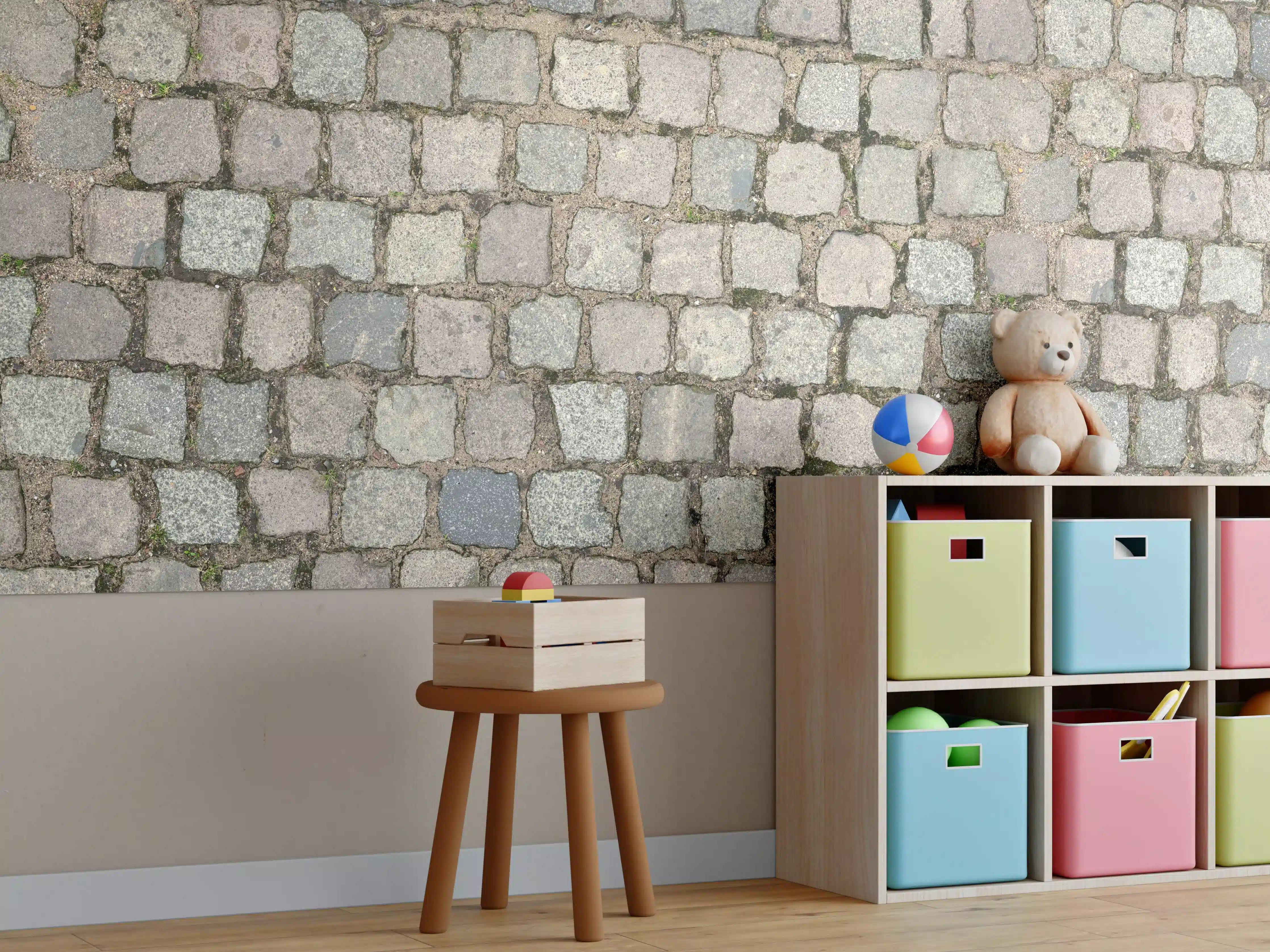 Kinderzimmer Wandgestaltung - Altstadt Kopfsteinpflaster Grautöne