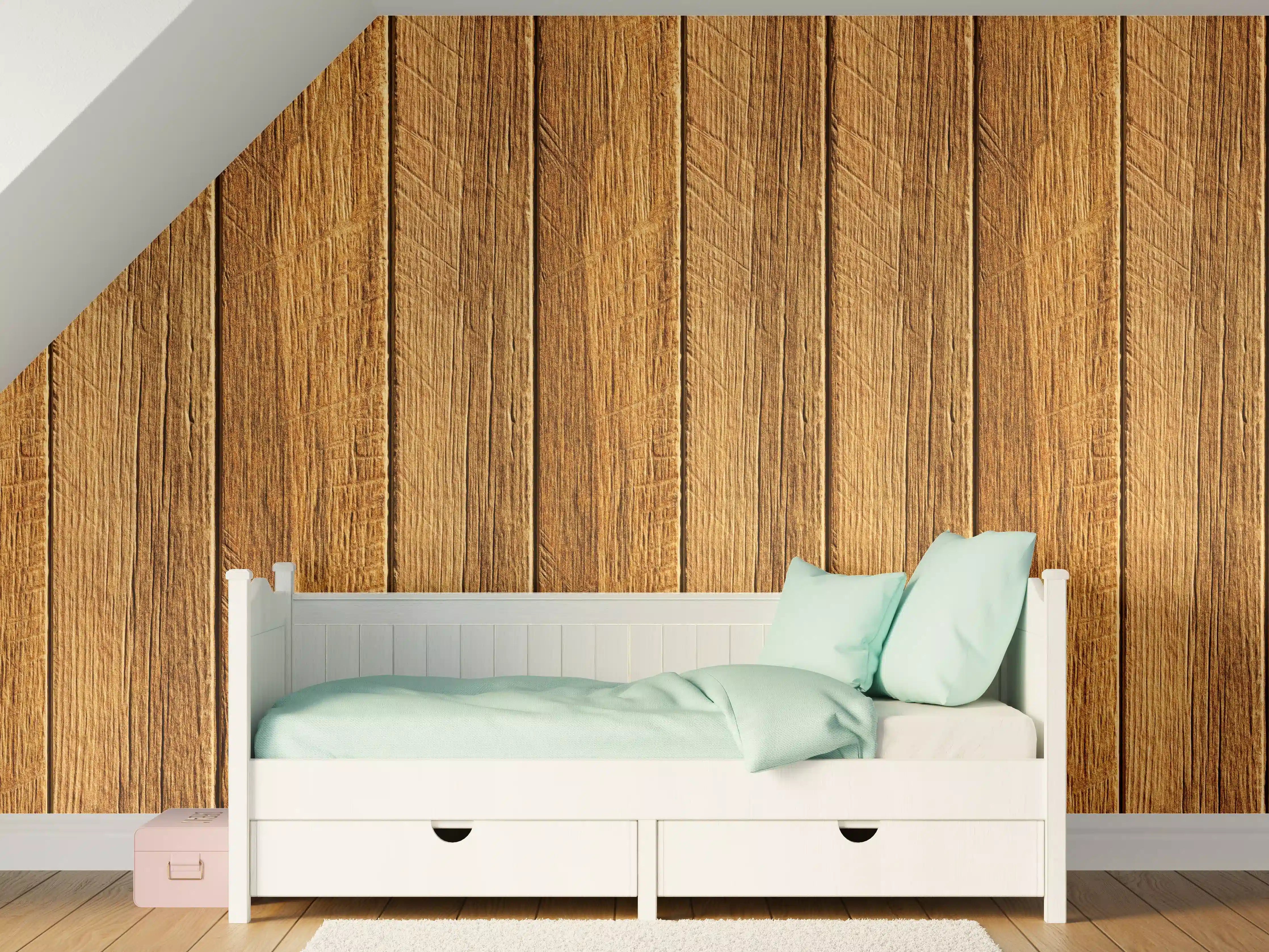 Kinderzimmer Wandgestaltung - Aneinandergereihte braune Holzplanken