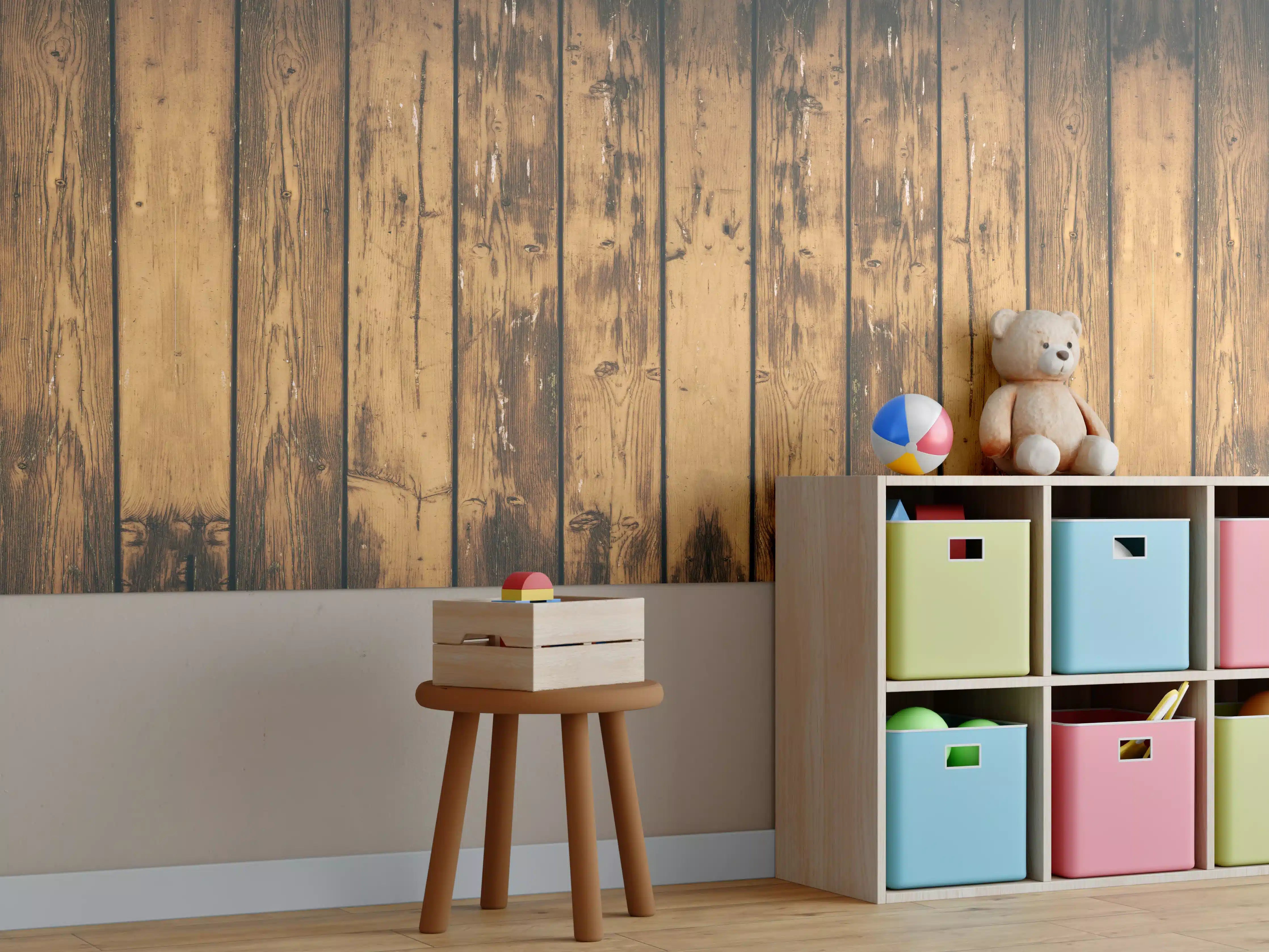 Kinderzimmer Wandgestaltung - Aneinandergereihte leicht angebrannte Holzplatten