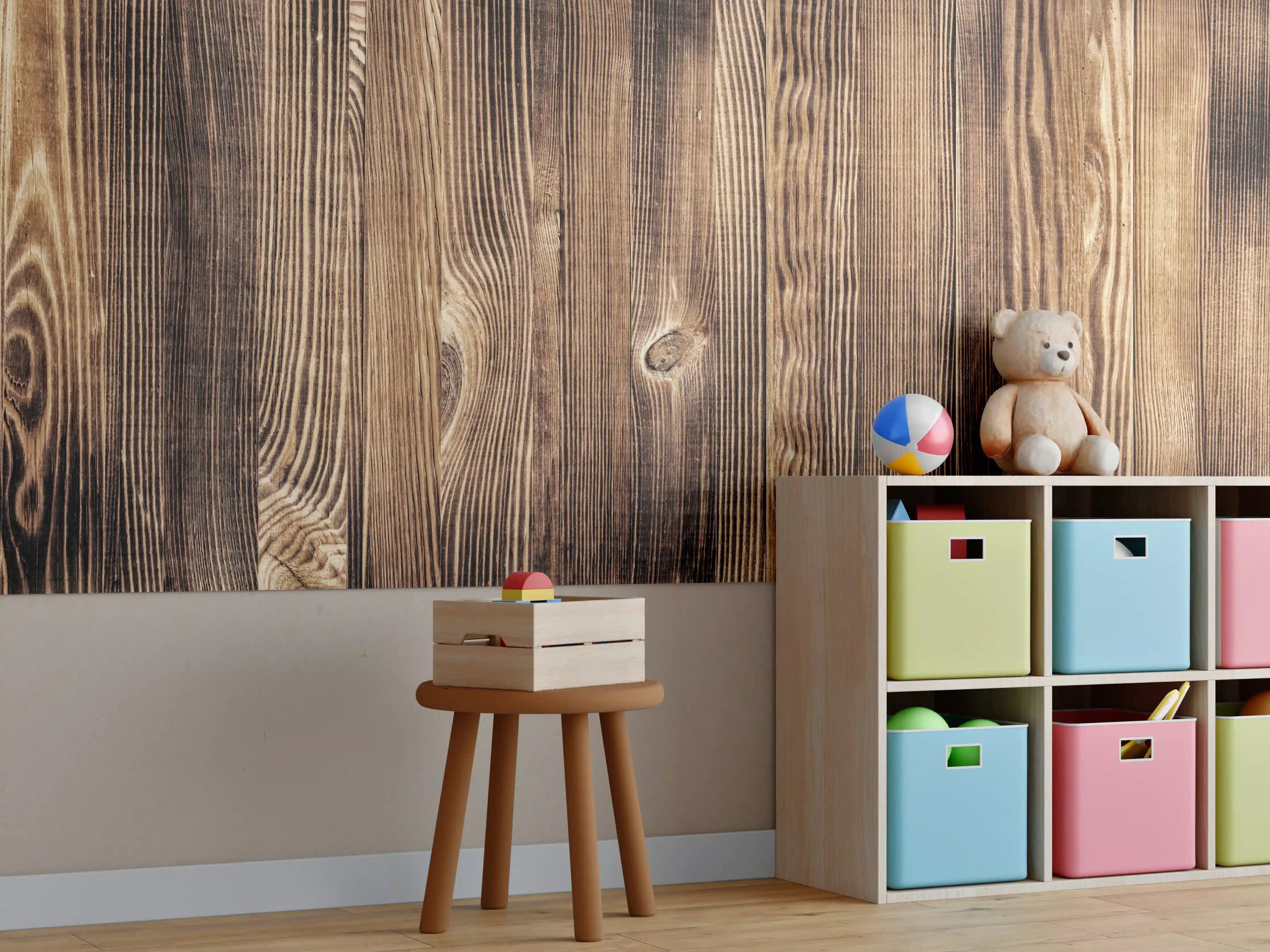 Kinderzimmer Wandgestaltung - Angebrannte Naturholzplatte