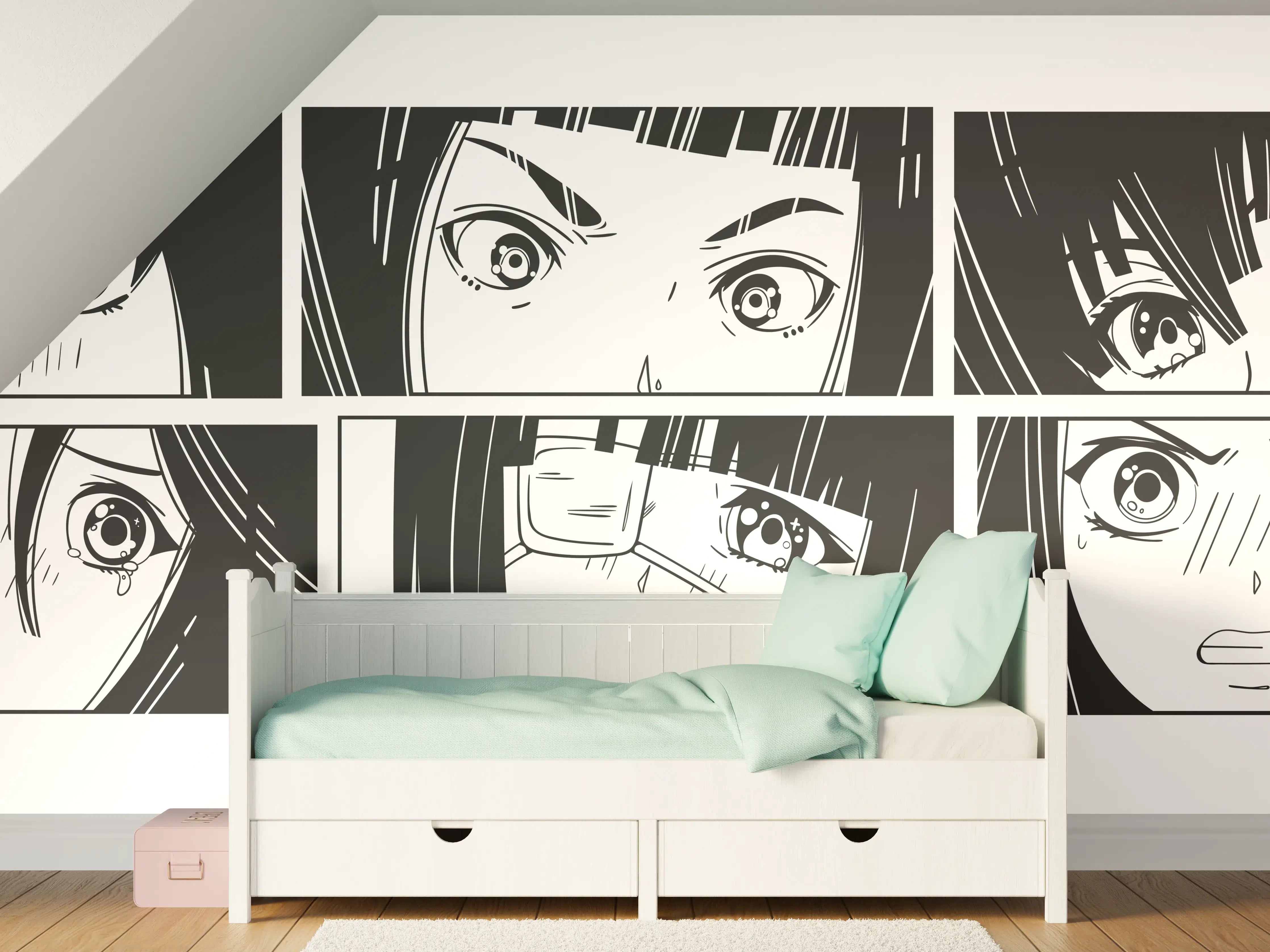 Kinderzimmer Wandgestaltung - Anime-Charaktere in Schwarz-Weiß-Optik