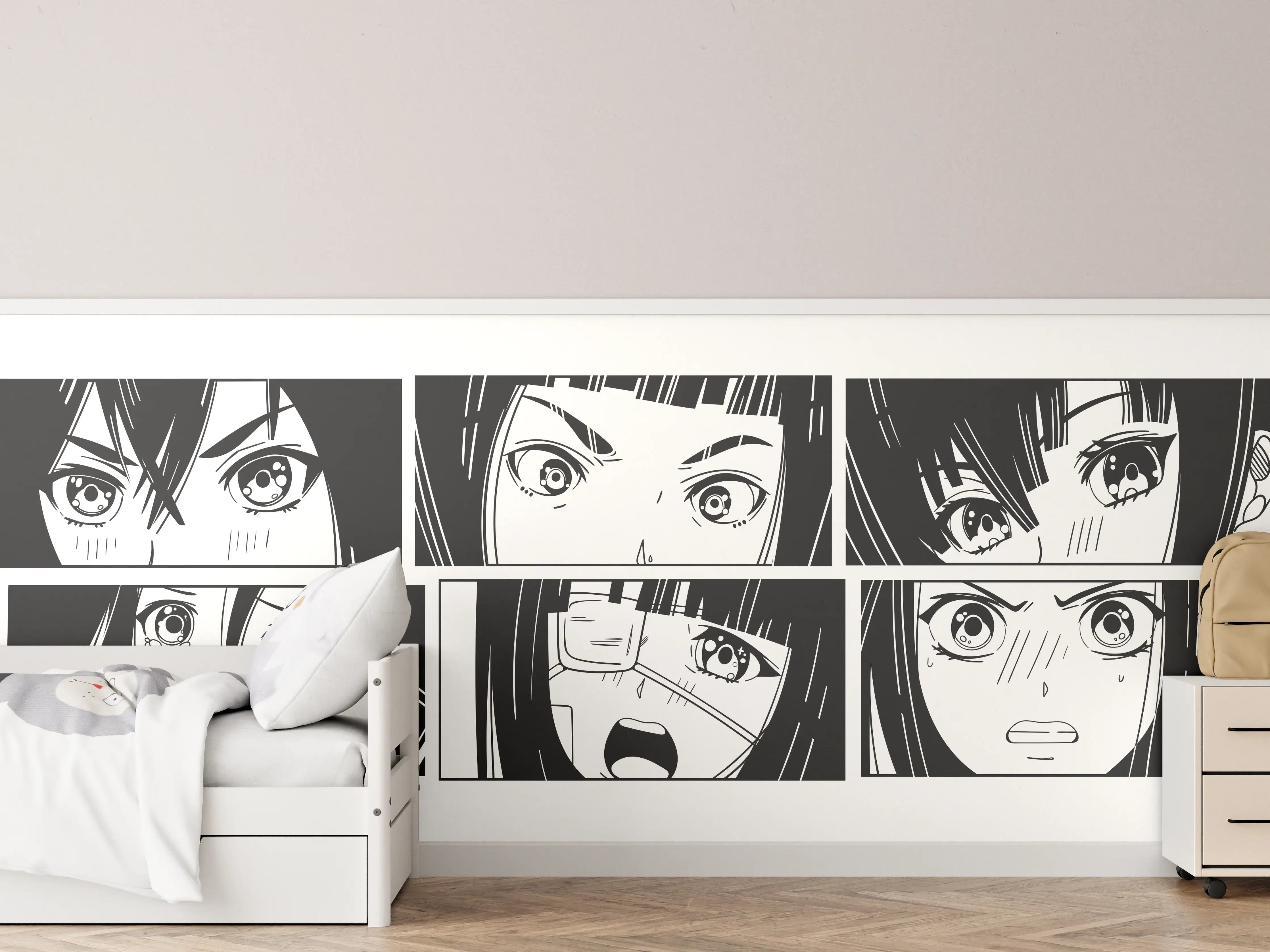 Kinderzimmer Wandgestaltung - Anime-Charaktere in Schwarz-Weiß-Optik