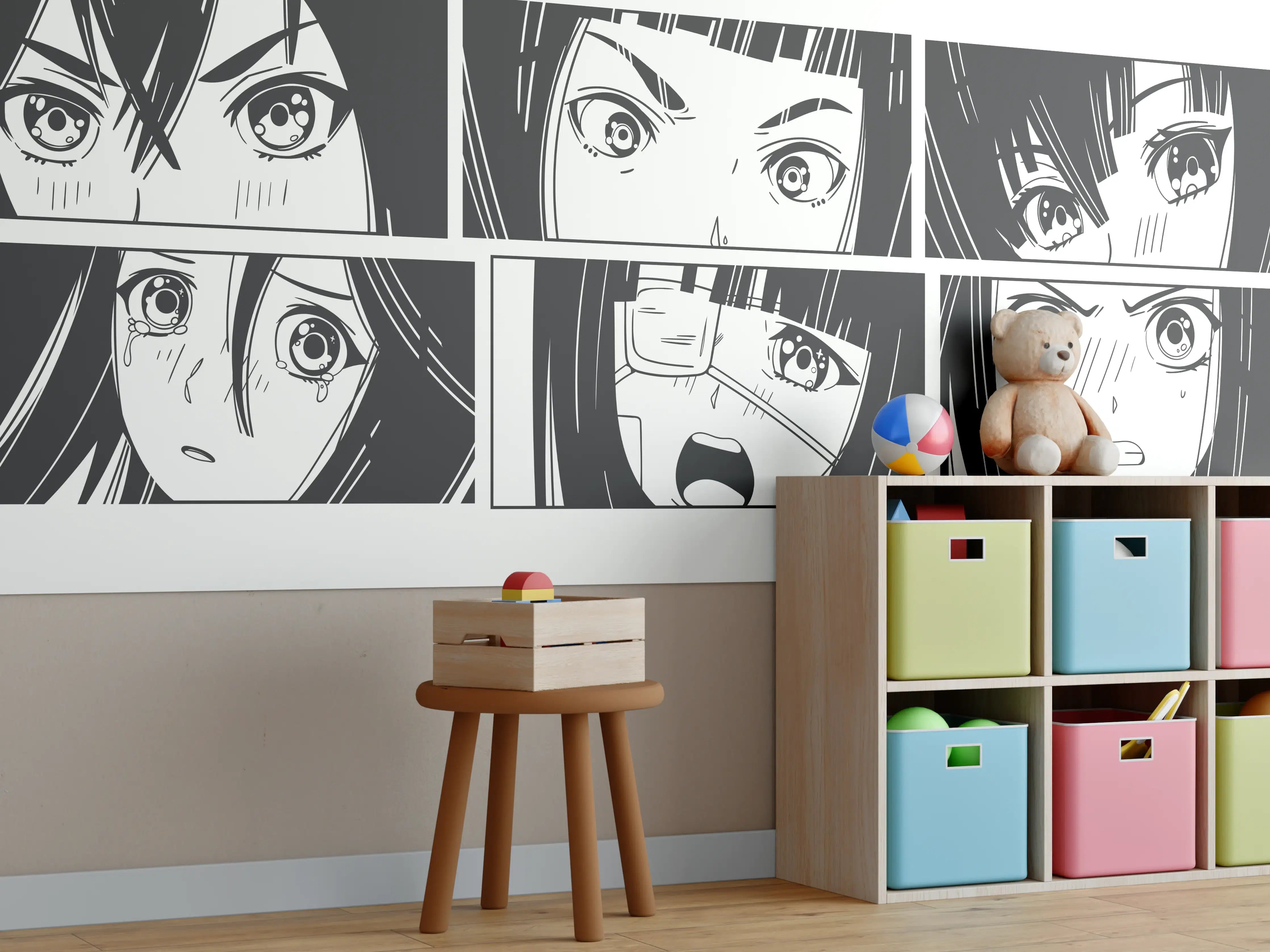 Kinderzimmer Wandgestaltung - Anime-Charaktere in Schwarz-Weiß-Optik