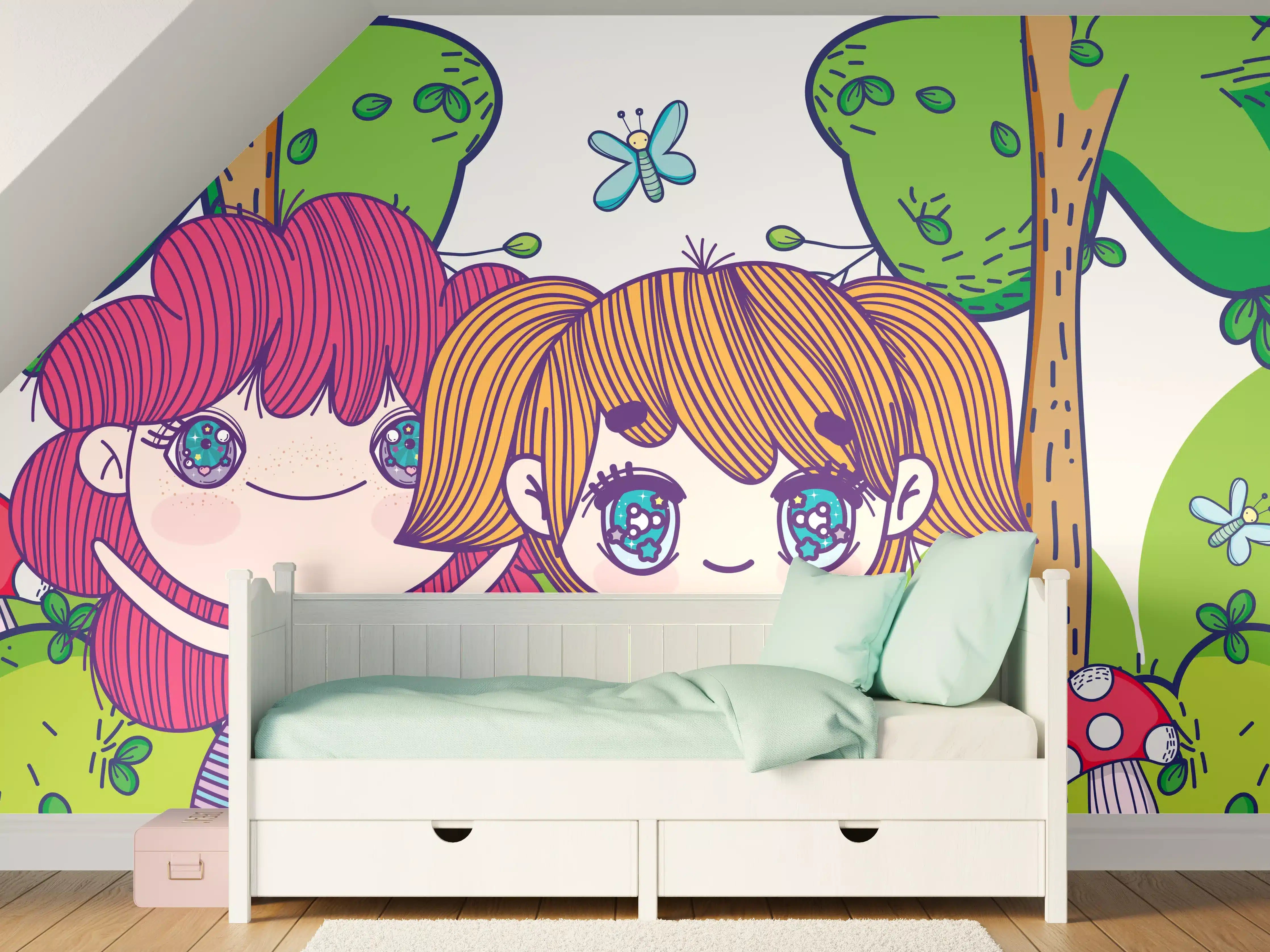 Kinderzimmer Wandgestaltung - Anime-Mädchen im Zauberwald