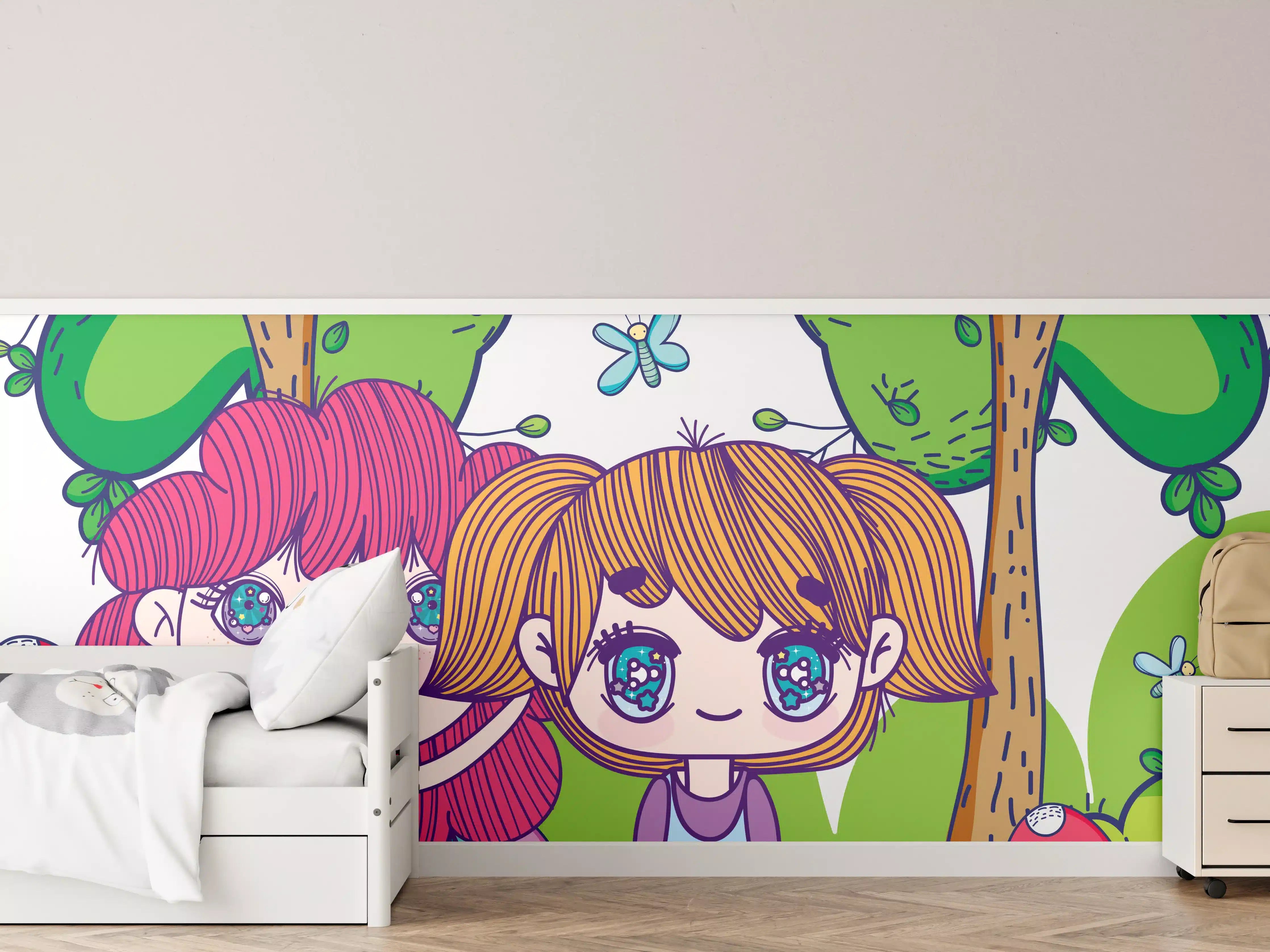 Kinderzimmer Wandgestaltung - Anime-Mädchen im Zauberwald