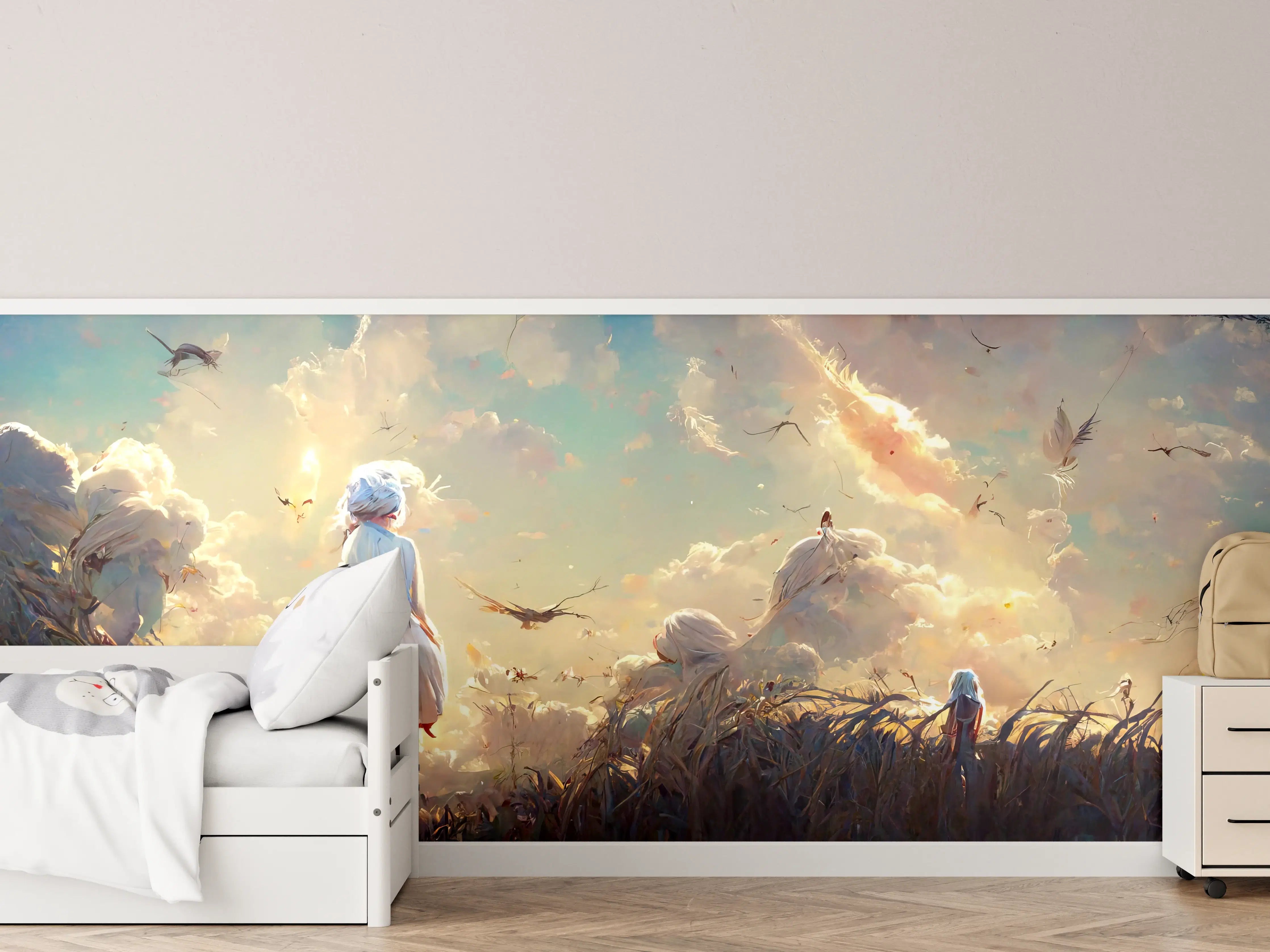 Kinderzimmer Wandgestaltung - Animierte Figuren bei Sonnenuntergang