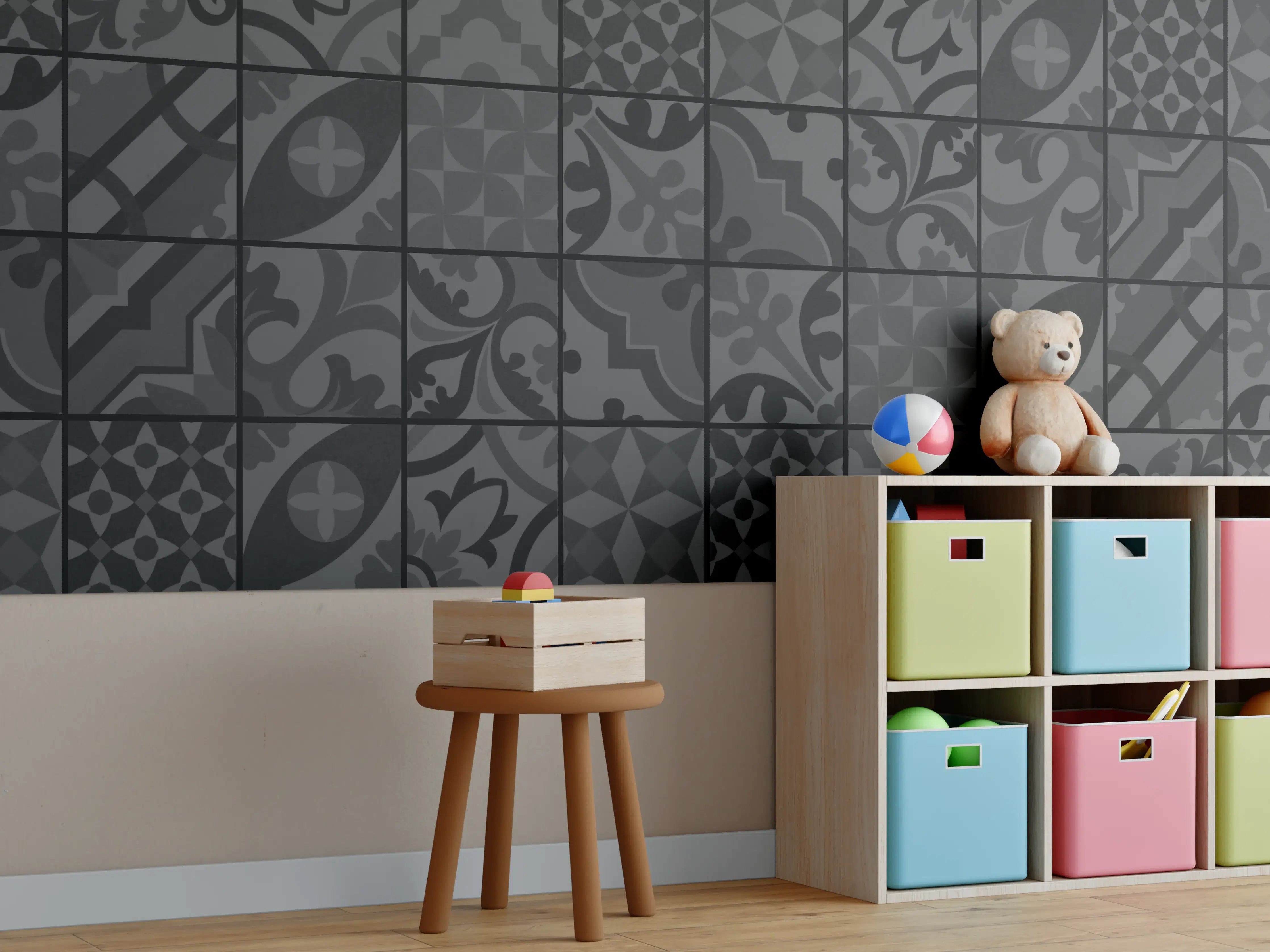 Kinderzimmer Wandgestaltung - Anthrazit Mosaik Fliesentextur