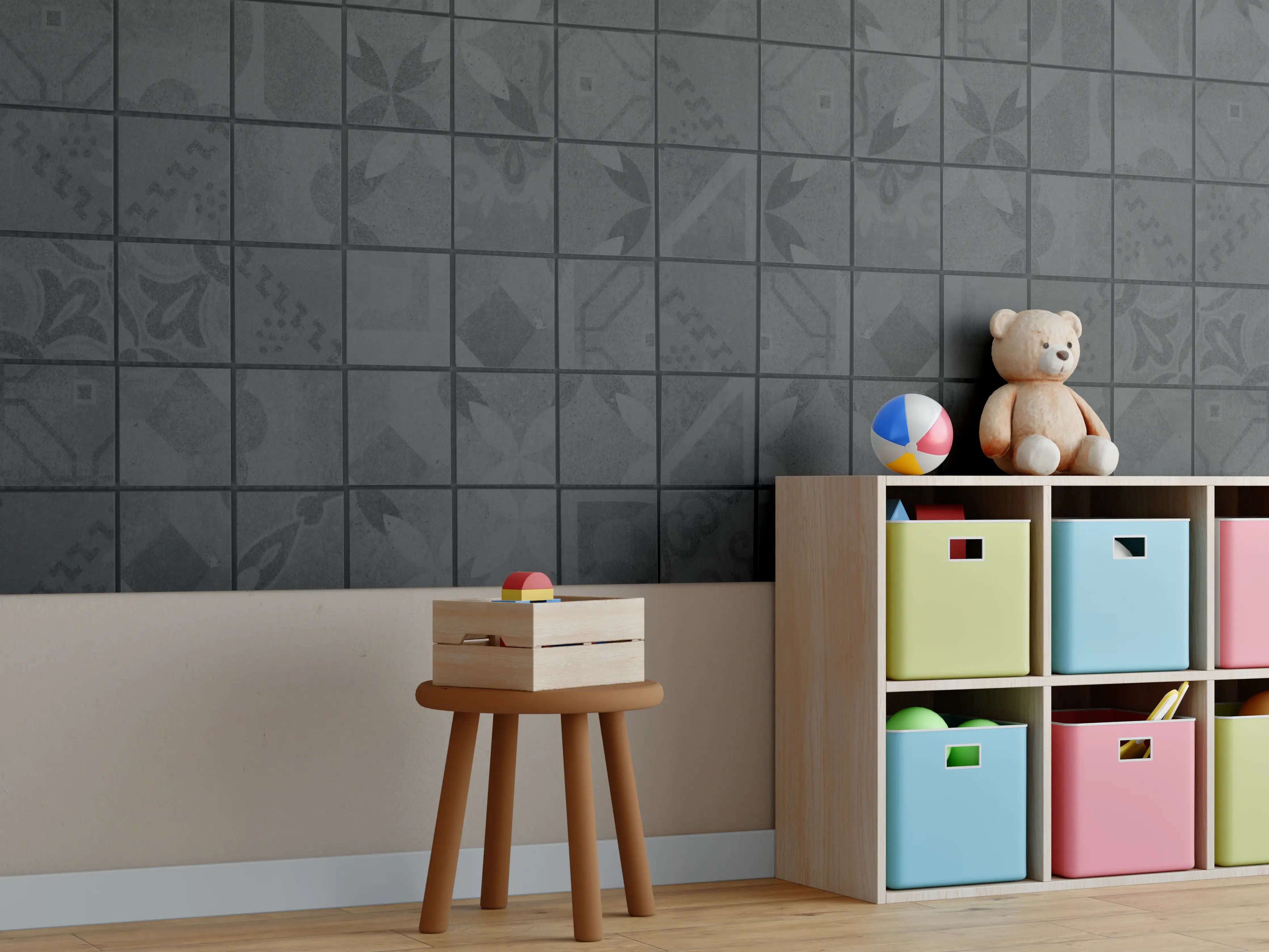 Kinderzimmer Wandgestaltung - Anthrazitfarbenes Quadratisches Mosaikmotiv