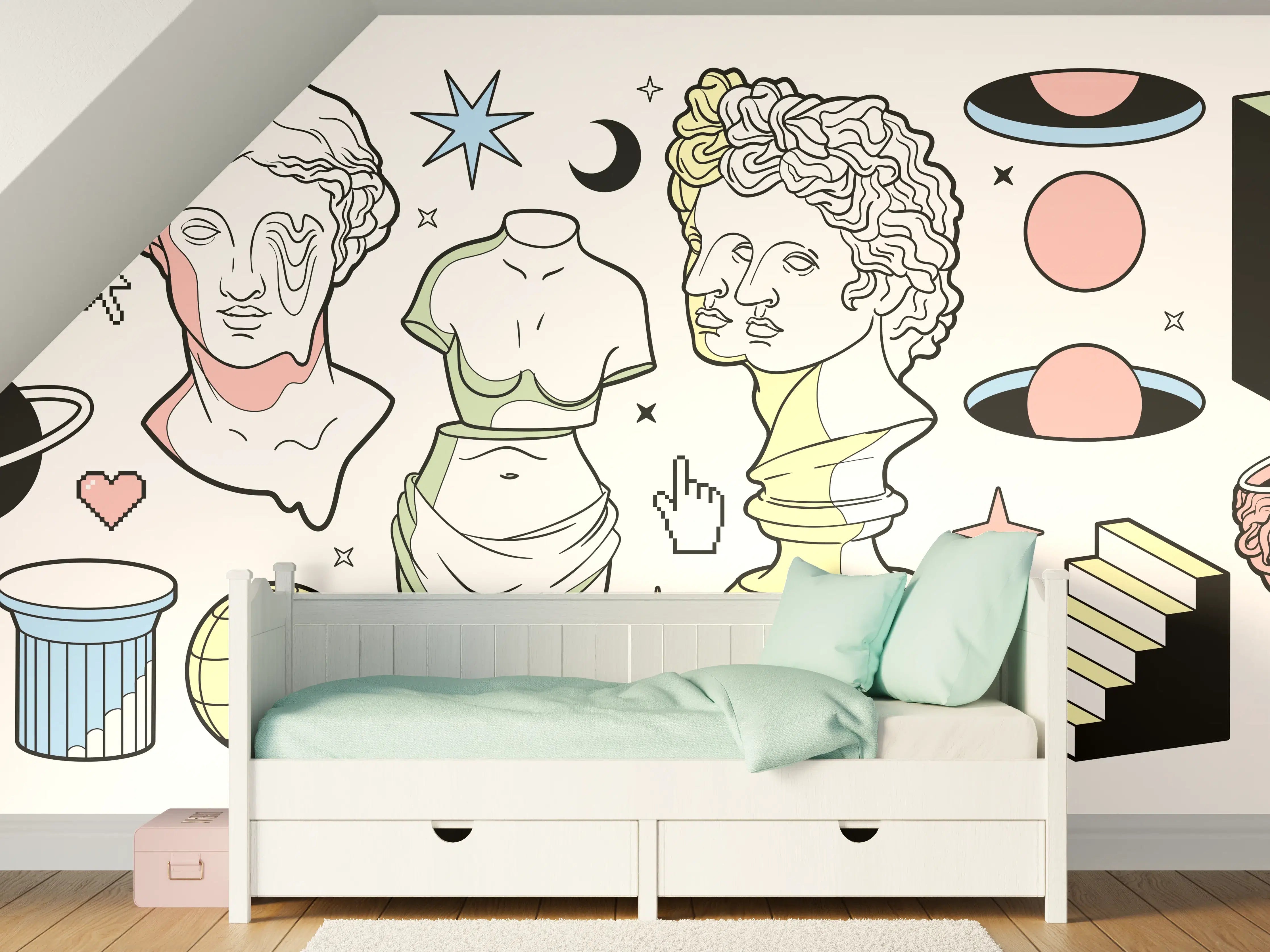Kinderzimmer Wandgestaltung - Antike Säulen und Skulpturen mit kosmischen Elementen