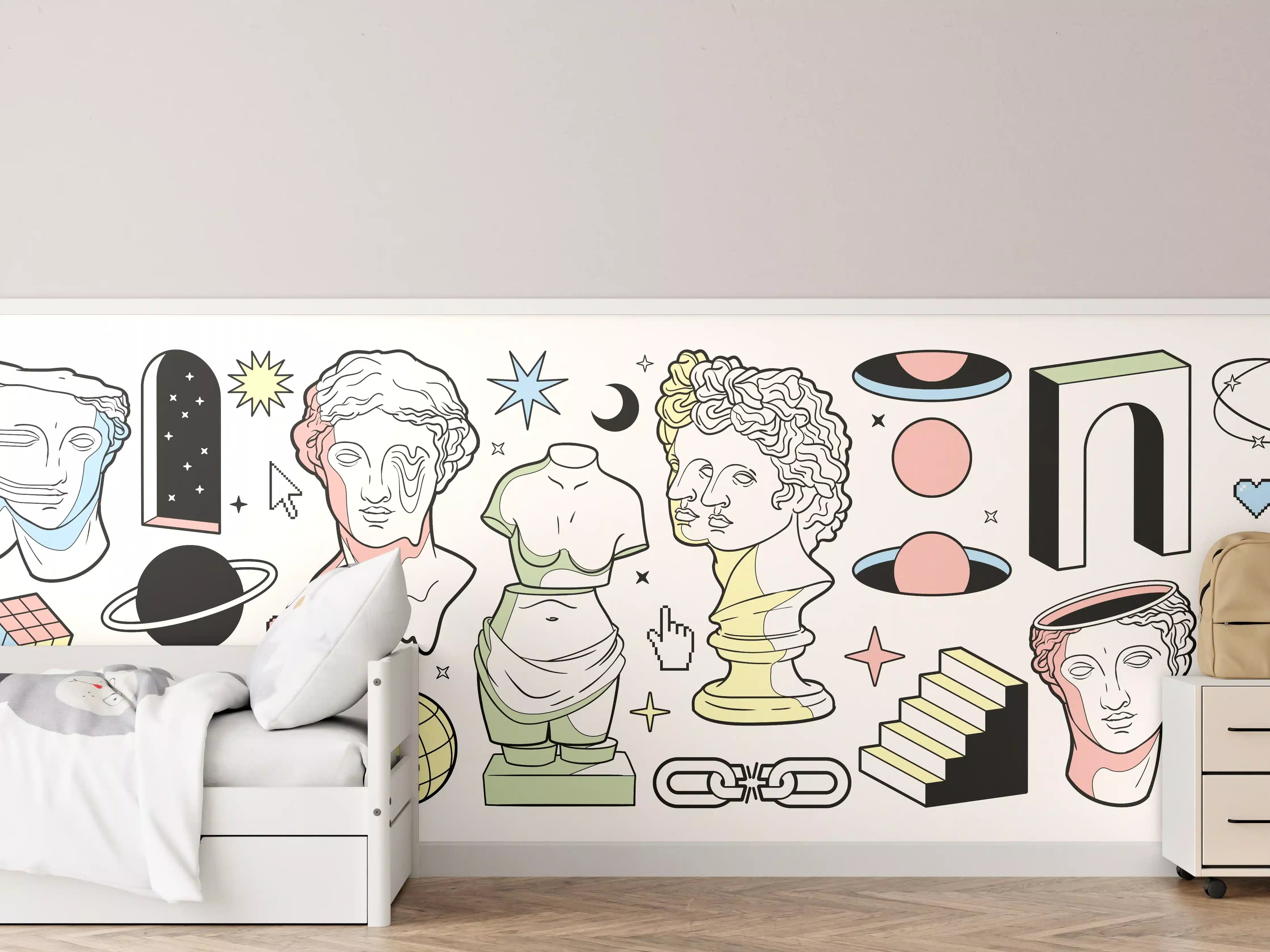 Kinderzimmer Wandgestaltung - Antike Säulen und Skulpturen mit kosmischen Elementen