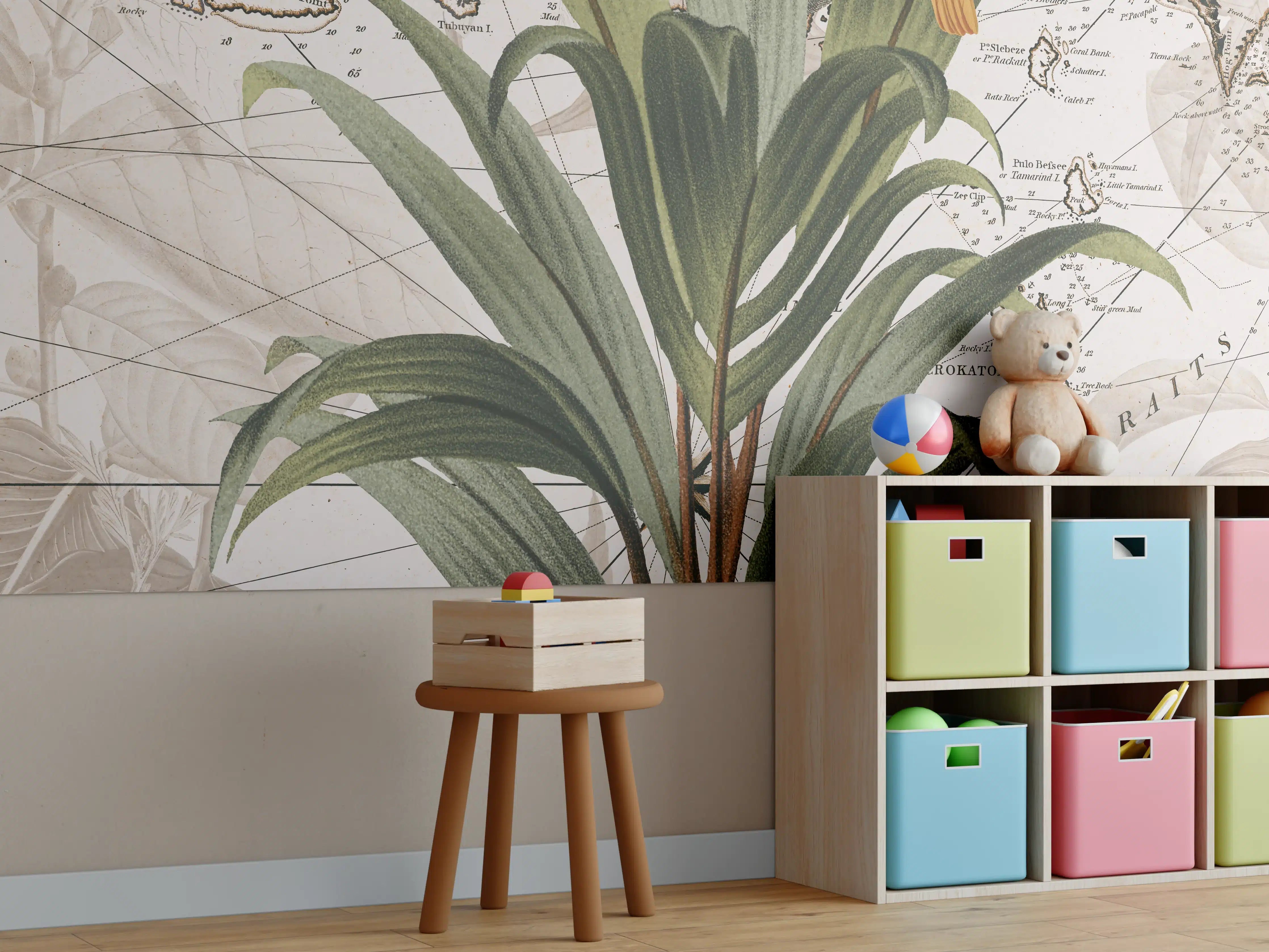 Kinderzimmer Wandgestaltung - Antiker Pflanzen- und Kartenmix