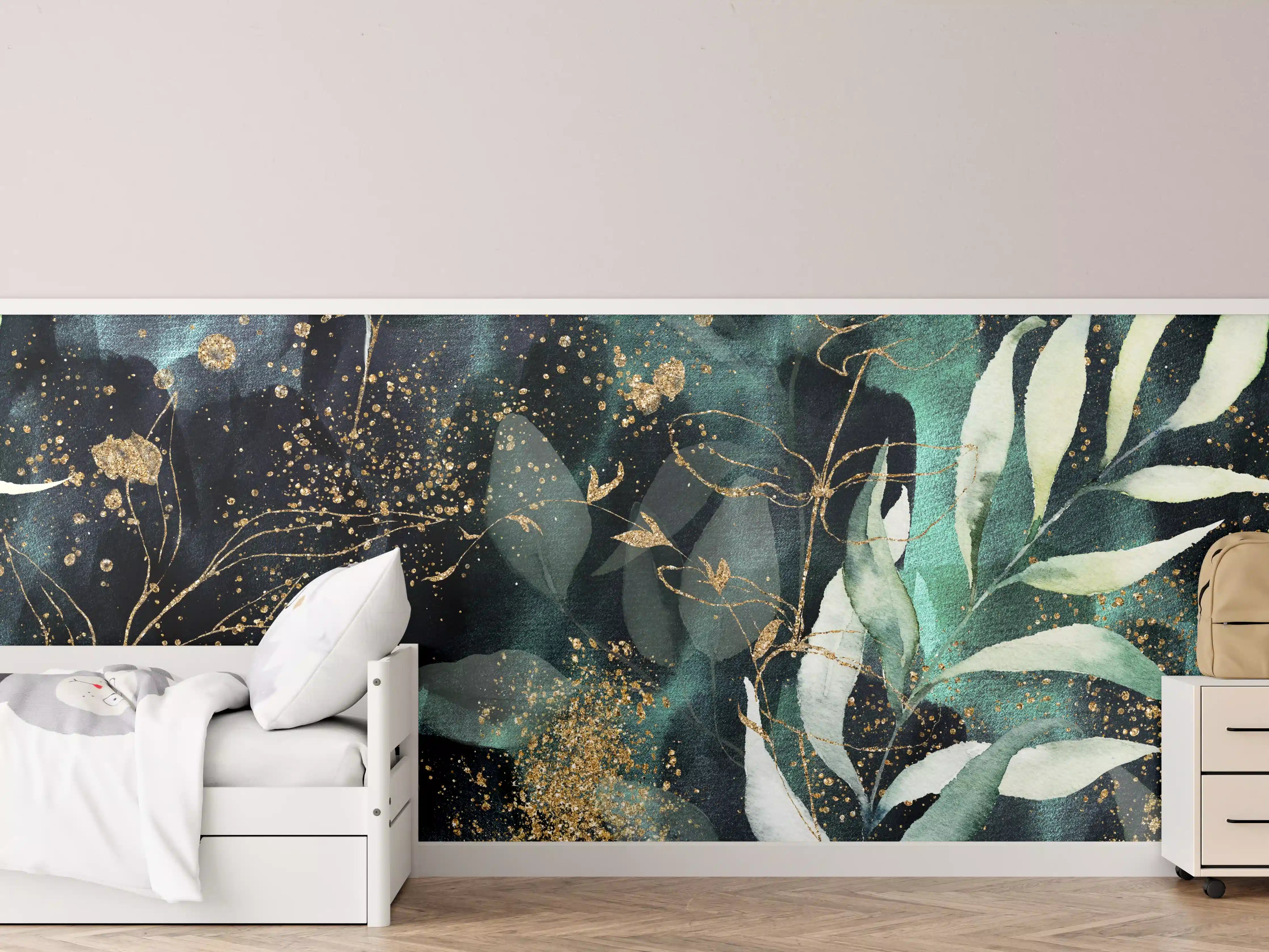 Kinderzimmer Wandgestaltung - Aquarell - abstrakte Blumen mit gold