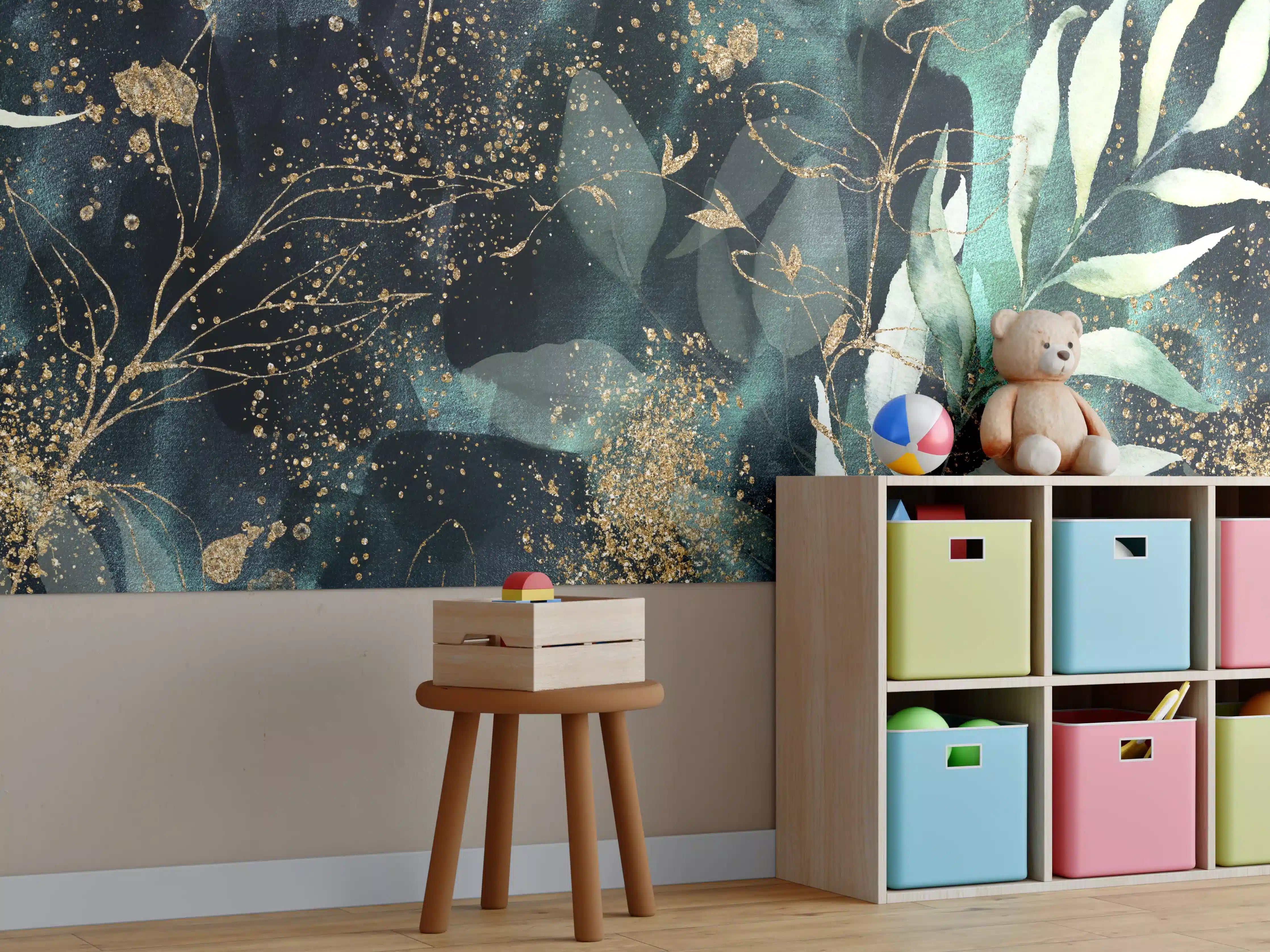 Kinderzimmer Wandgestaltung - Aquarell - abstrakte Blumen mit gold